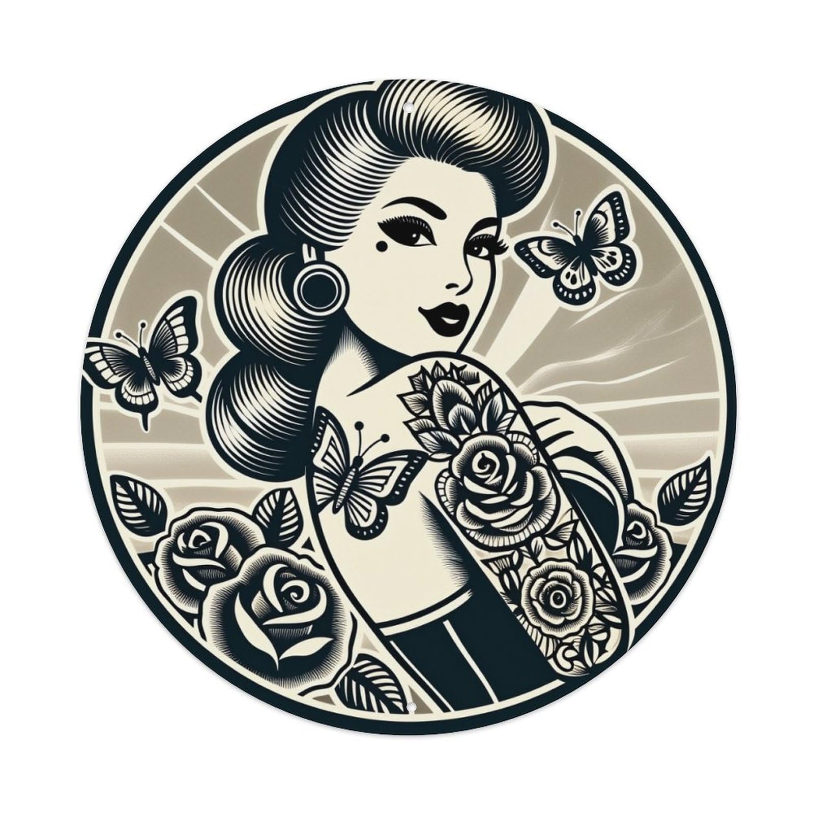 Retro Pinup Woman With Roses And Butterflies Round Tin Sign Retro Metal Sign for Cafe Bar Pub Home Game Room Gym Club Wall Decoration Vintage Metal Poster 8x8 Inch