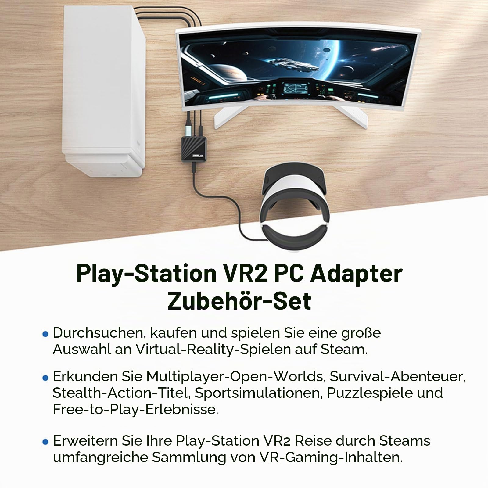 Adapter + Bluetooth-Empfänger für PS VR2 zu Windows-Computer, PC-Adapter-Kit für PS5 VR2 Konverter-Anschluss mit Typ-C-Stromkabel und DisplayPort 1.4 HD-Kabel für PlayStation 5 VR2