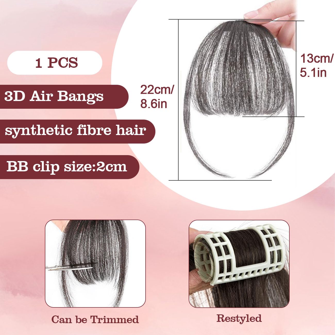 Flequillo con clip, cortina curvado 3D Air con clips invisibles en las templo, postizo pelo sintético extensiones, postizos para mujeres y niñas, uso diario, negro marrón
