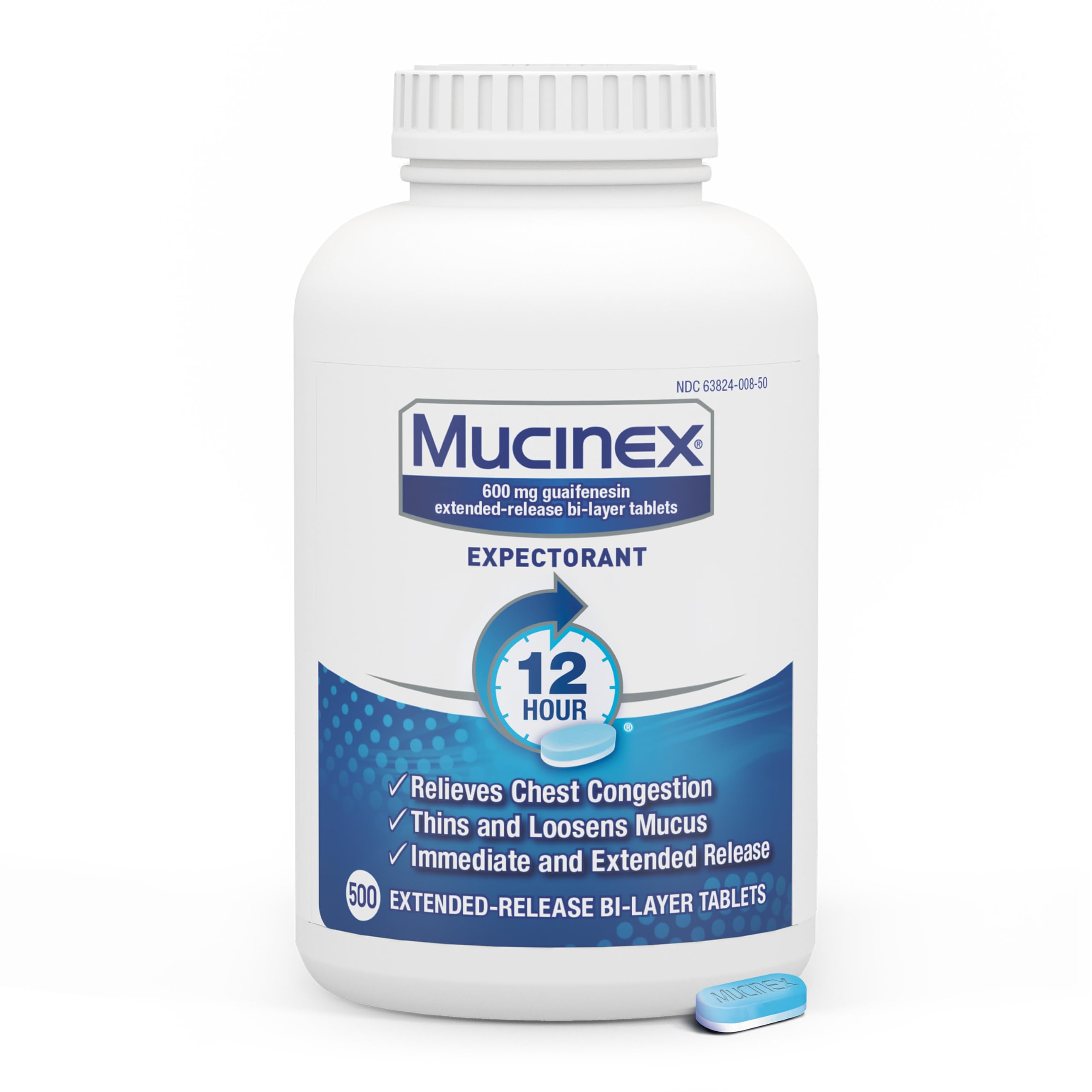 Mucinex 12 Hour 600 mg Guaifenesin Extended-Release Tablets for Excess Mucus Relief, Expectorant Aids Excess Mucus Removal, Chest Congestion Relief, 500 Bi-Layer Tablets