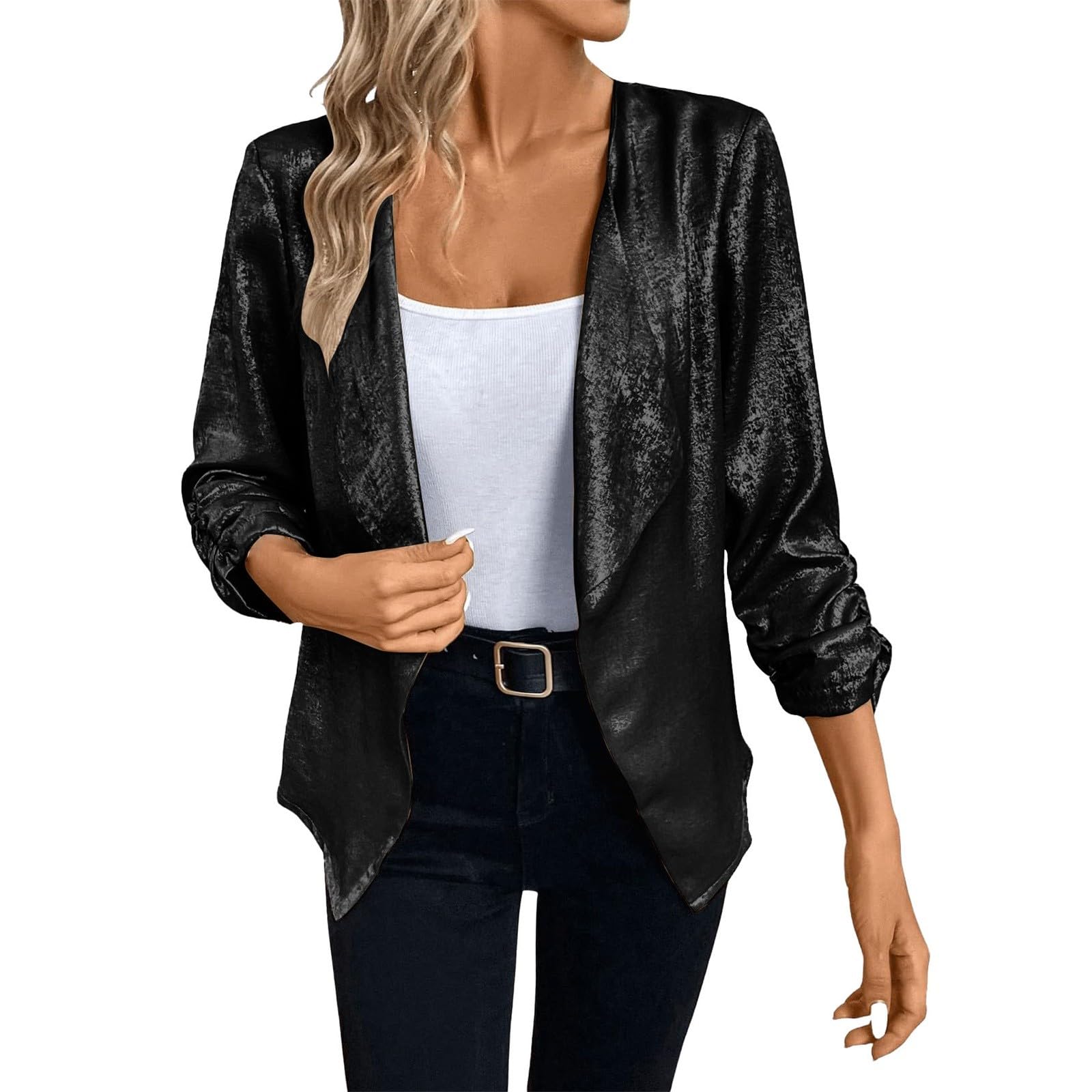 Sequined Tops for Women Plus Size Sparkly Glitter Open Front Blazer Shiny Bling Lightweight 3 4 Sleeve Dressy