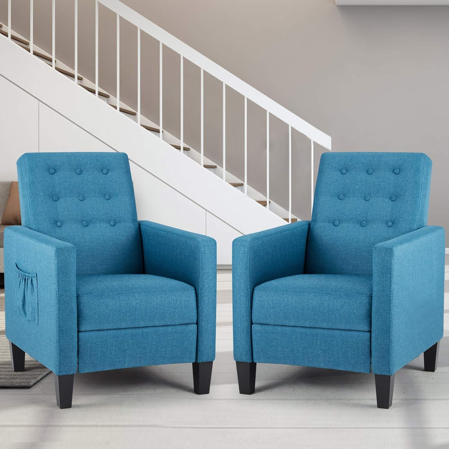 HOMHUM Massage Mid-Century Modern Recliner, Small Fabric Push Back Chair Set of 2, Accent Single Sofas w/Two Side Pockets and Remote Control for Living Room, Bedroom and Office, Blue : Home & Kitchen
