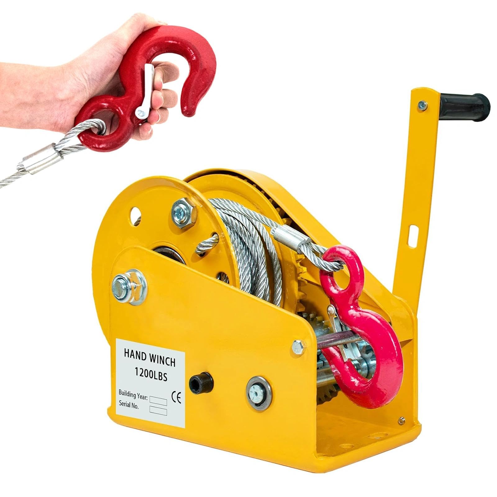Verricello Manuale Portatile 500-1100kg, Freno Automatico Autobloccaggio, Fune Metallica con Gancio Sicurezza, per Imbarcazioni, Rimorchi, Sollevamento(10m,1200lbs)