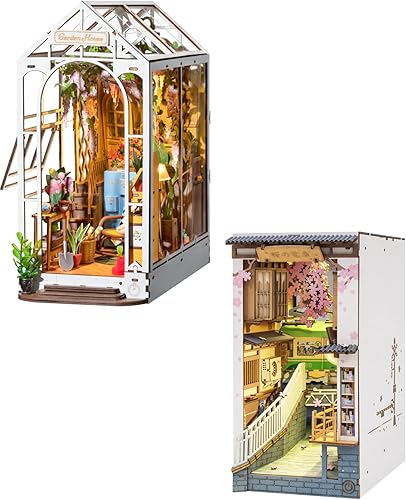 Rolife Kit de rincón de libros de bricolaje, 3D creativo sujetalibros en miniatura, kit de rincón decorativo para estantería (casa de jardín+Sakura