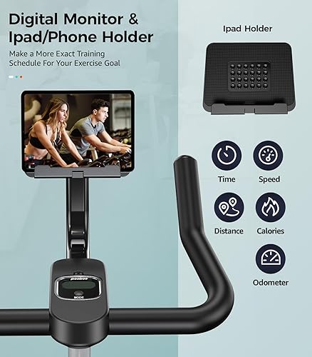 Miniatura 7 de pooboo Bicicleta de ciclismo de interior de resistencia magnética, transmisión por correa, monitor LCD fijo con soporte para iPad y cómodo cojín de