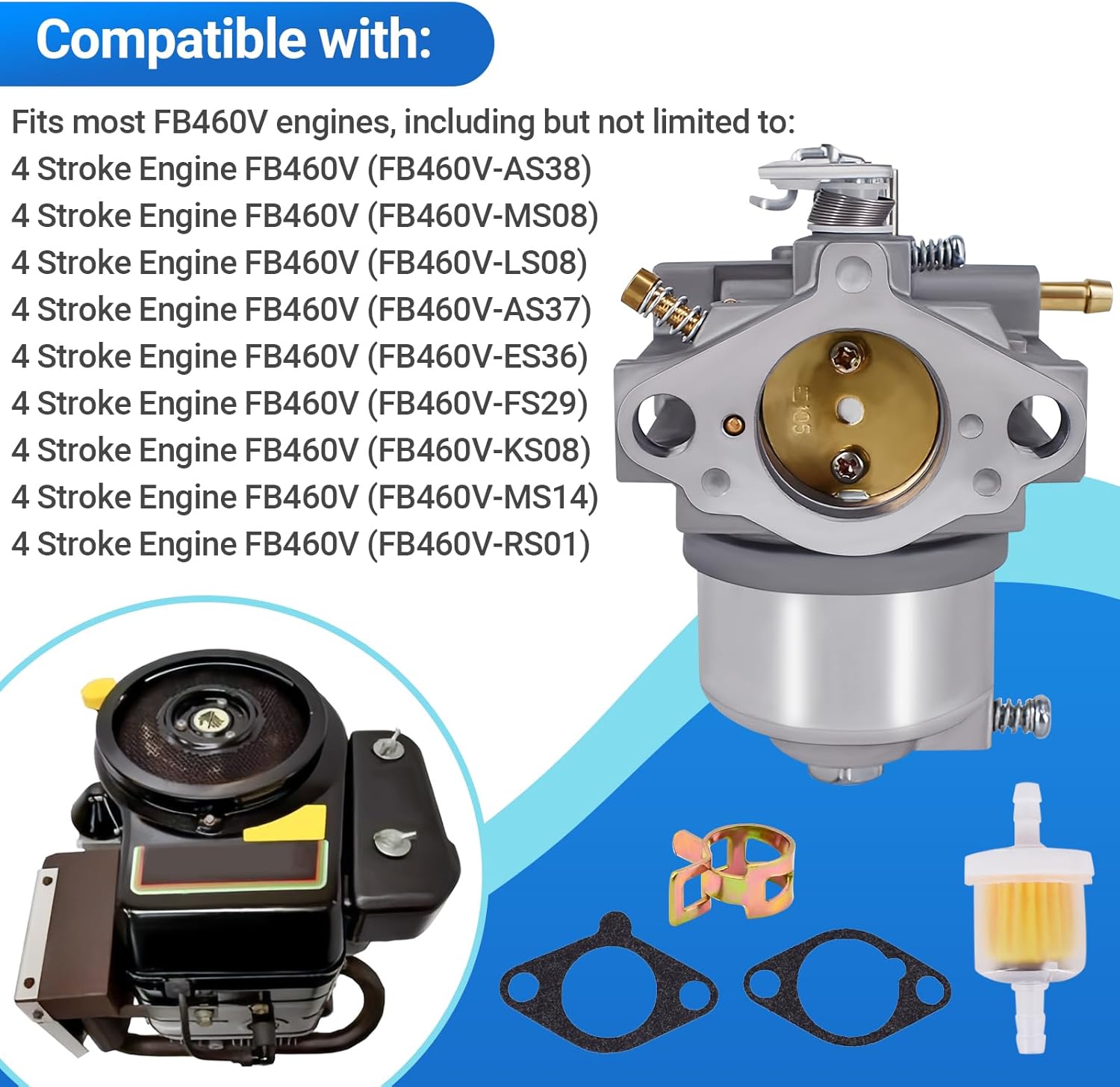 Carburetor for Kawasaki FB460V 4 Stroke Engine 15003-2796 15003-2777 Carb with Gaskets Filter Clamp Fuel Line Cleaner Tool Kit