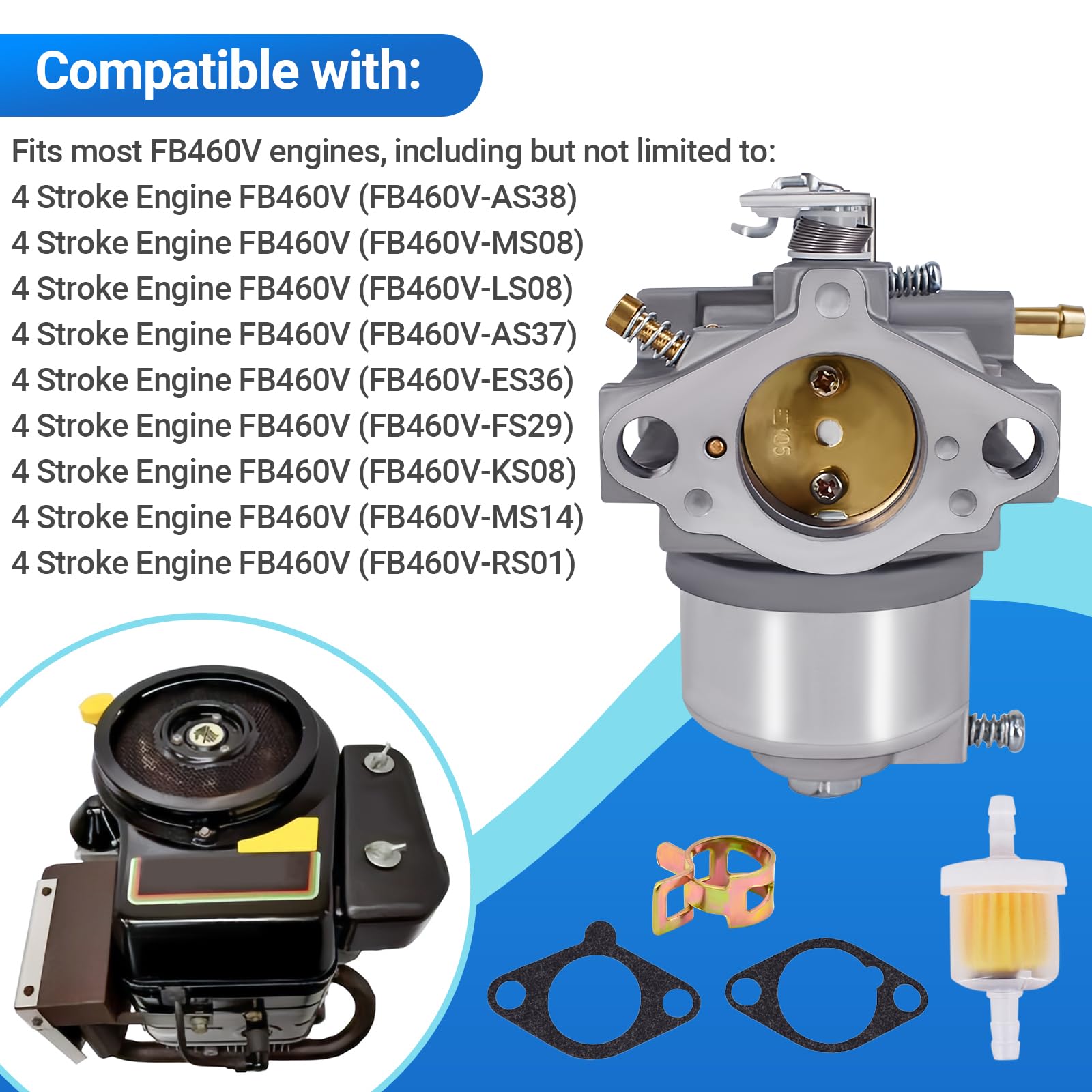 Carburateur pour moteur Kawasaki FB460V 4 temps 15003-2796 15003-2777 avec joints, filtre de serrage, kit d'outils de nettoyage de conduite de carburant