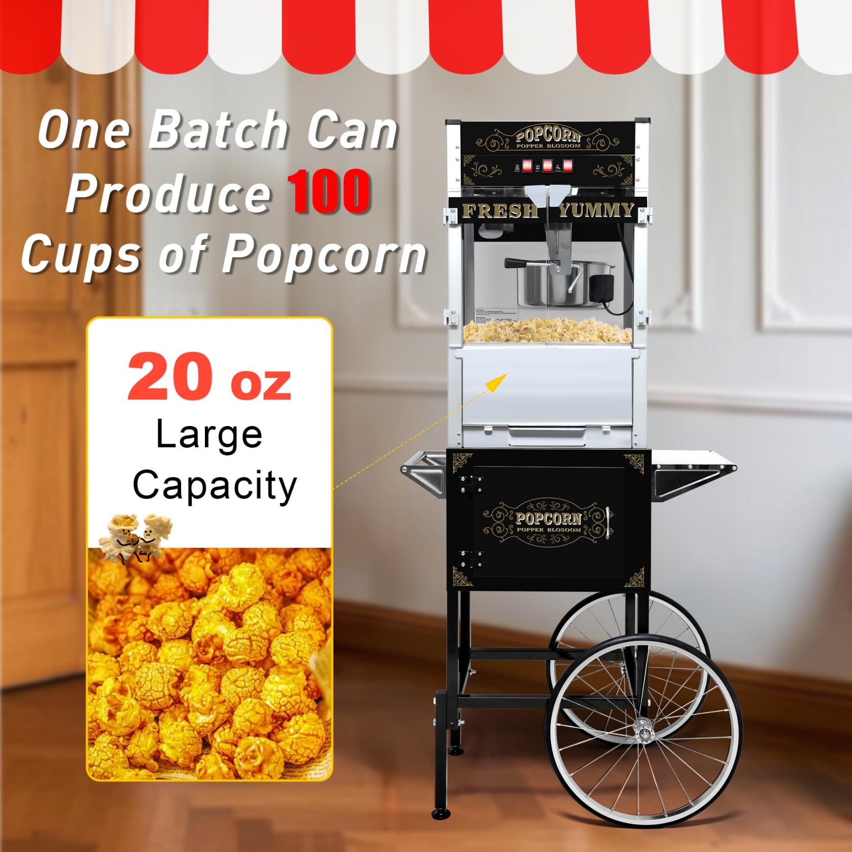 Máquina de palomitas de maíz de 20 onzas con carrito, ruedas y hervidor de acero inoxidable, estilo vintage, máquina para hacer palomitas de maíz para fiestas, eventos, uso doméstico y comercial 2