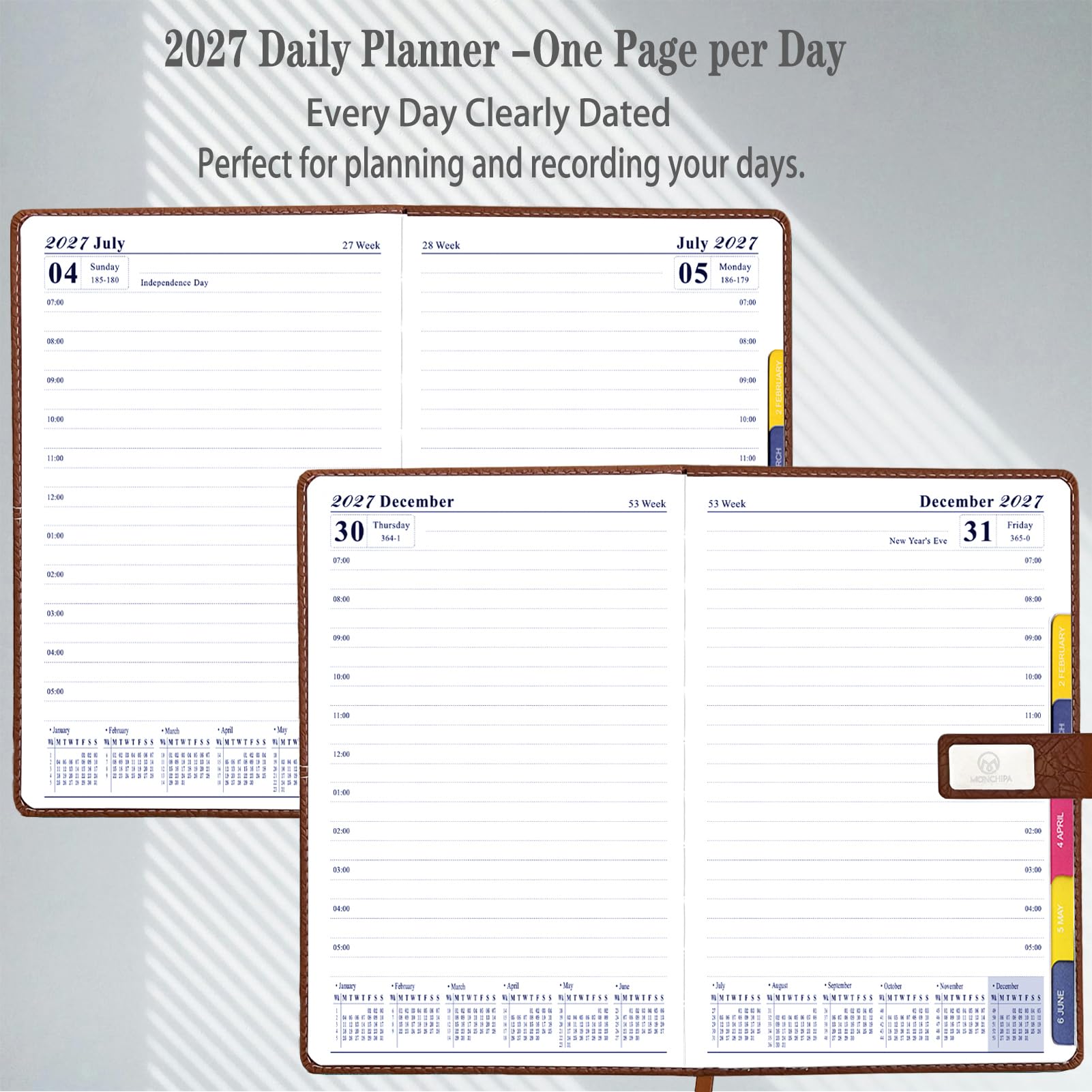 Agenda giornaliera 2027, una pagina al giorno, calendario giornaliero 2026 (gennaio-dicembre 2026), 14,5 x 21 cm, copertina in pelle + carta spessa (verde)