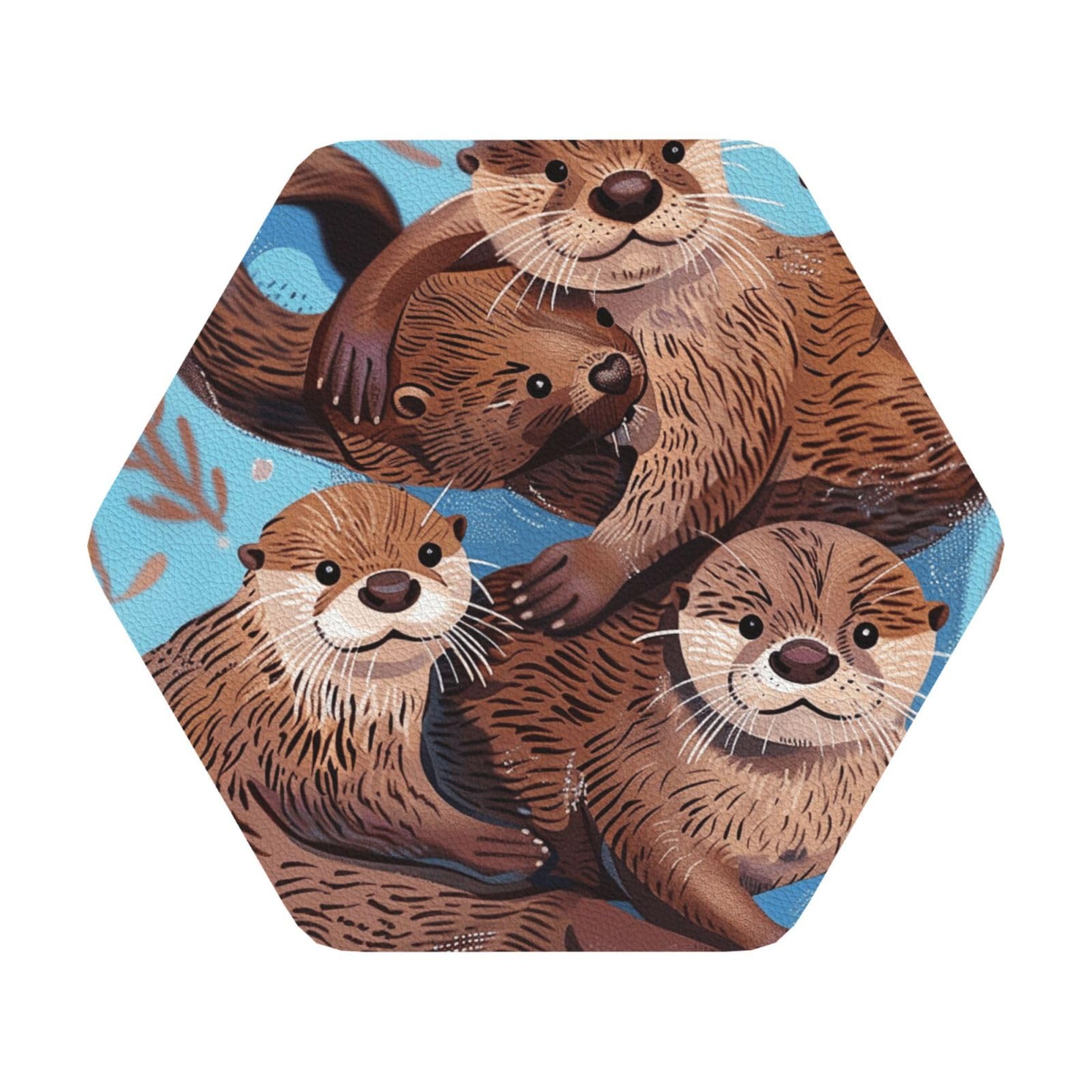 Animal Cute Brown Otters Print Leather Coaster Set of 6, Hexagon Coasters Table Decorative Coffee Cup Beverage Coasters Wine Beer Bar Coasters for Hot Drinks Table Protection
