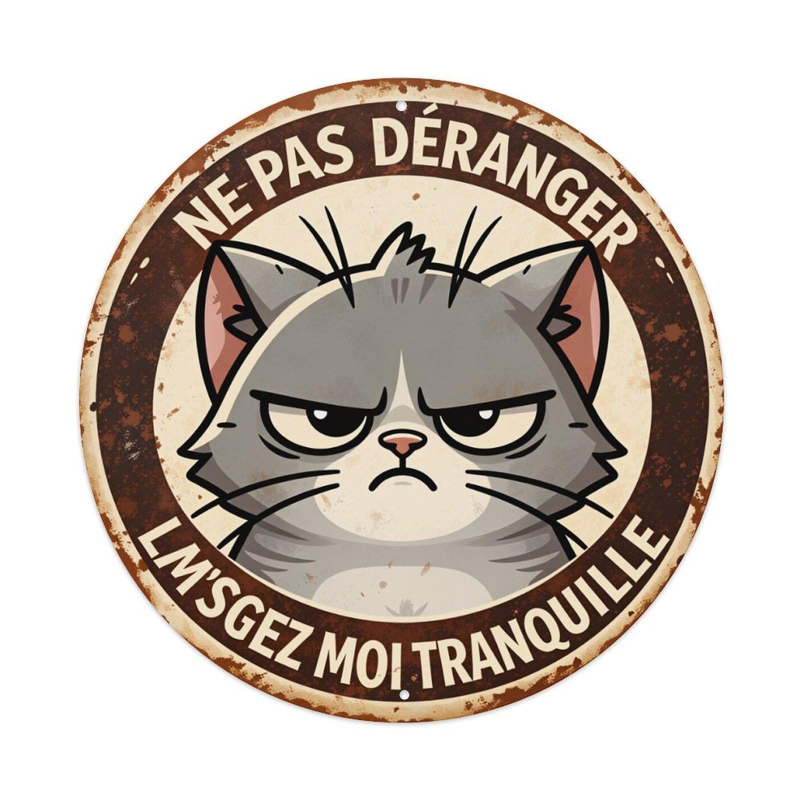 Cat Face With Angry Expression And Text Around Edge Round Vintage Tin Sign,Retro Wall Art,Metal Poster for Home, Bar, Garage, Cafe, Rustic Indoor & Outdoor Decor, 8x8 Inches