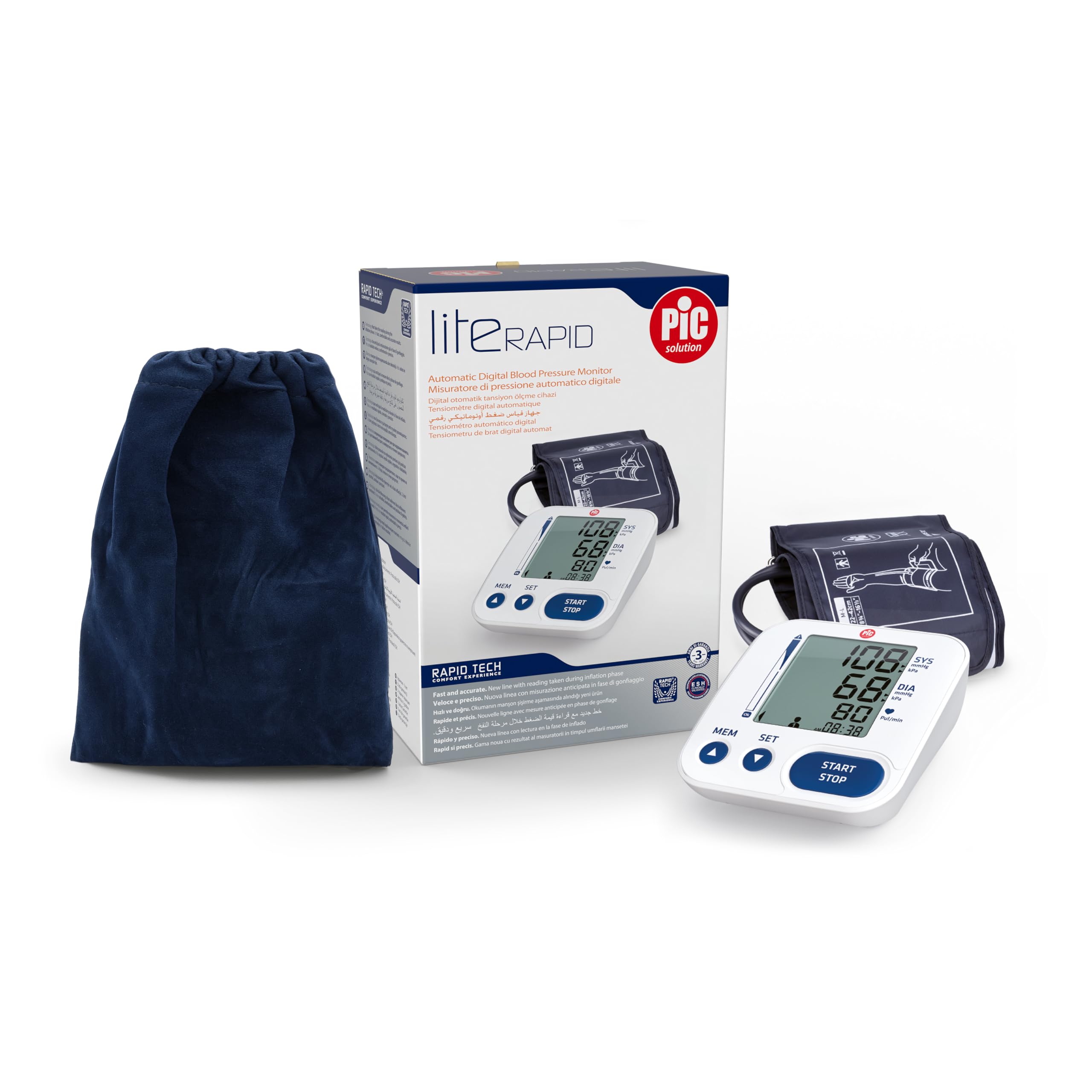 Pic Solution - Literapid Misuratore di Pressione Arteriosa da Braccio Digitale, Apparecchio Automatico per Misurare la Pressione Sanguigna a Casa, clinicamente validato, Bianco e Blu