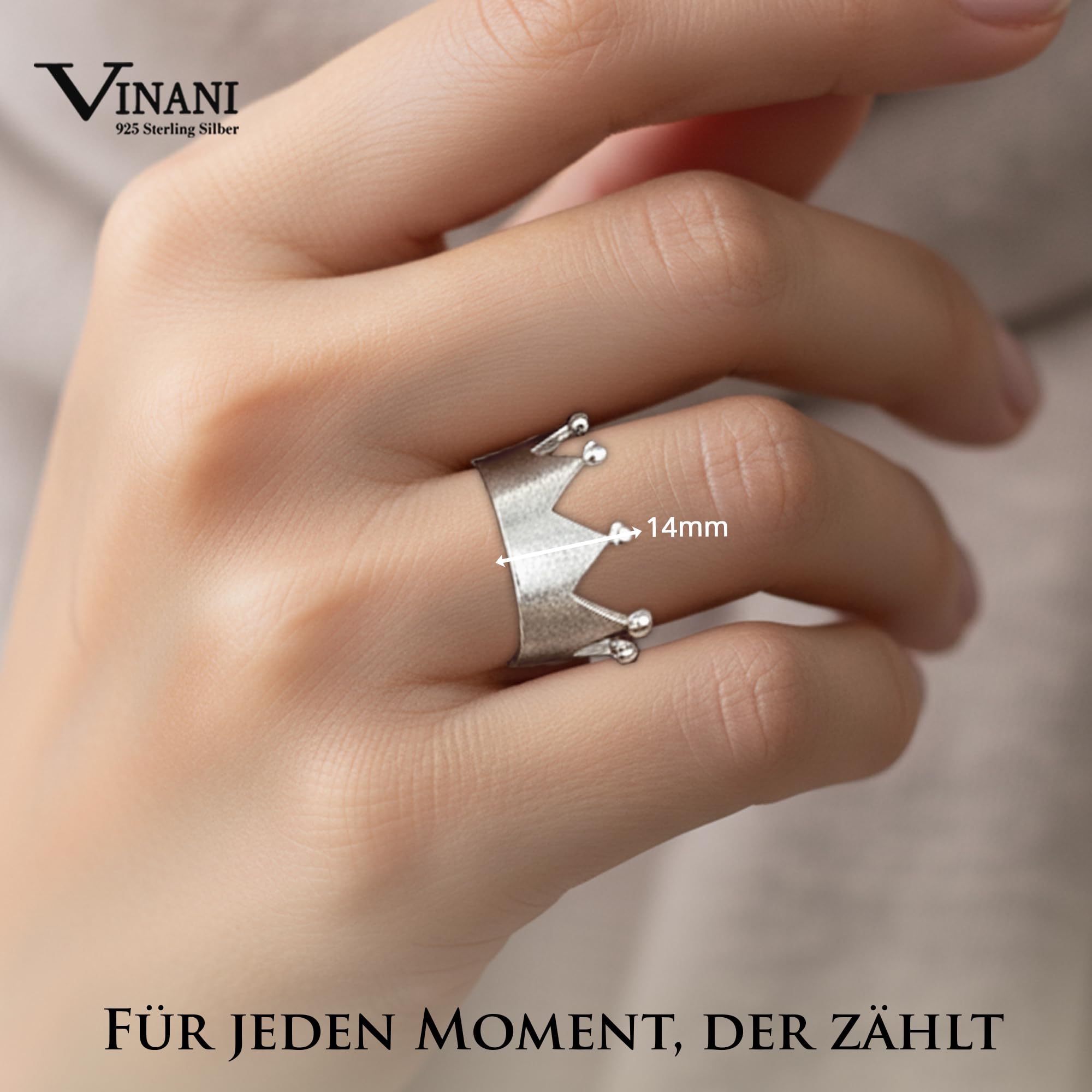 Vinani Ring aus 925 Sterling Silber - Damenring mit Krone gebürstet und glänzenden Spitzen für Frauen, nickelfrei & antiallergisch, Designed in Deutschland, RKR