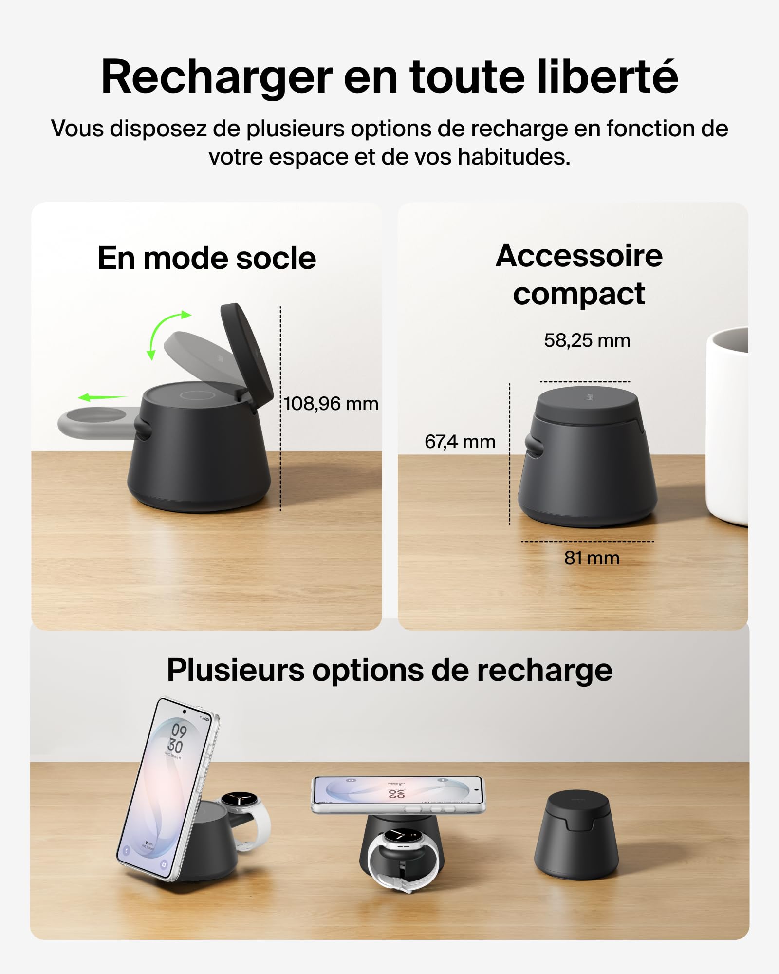 Belkin UltraCharge Station sans Fil 3-en-1 avec Qi2, 25 W - Noir | Chargeur Magnétique Qi2.2, USB-C, Chargeur Sans Fil Pour iPhone, Galaxy, Écouteurs, Montre Connectée, Adaptateur Secteur 45 W