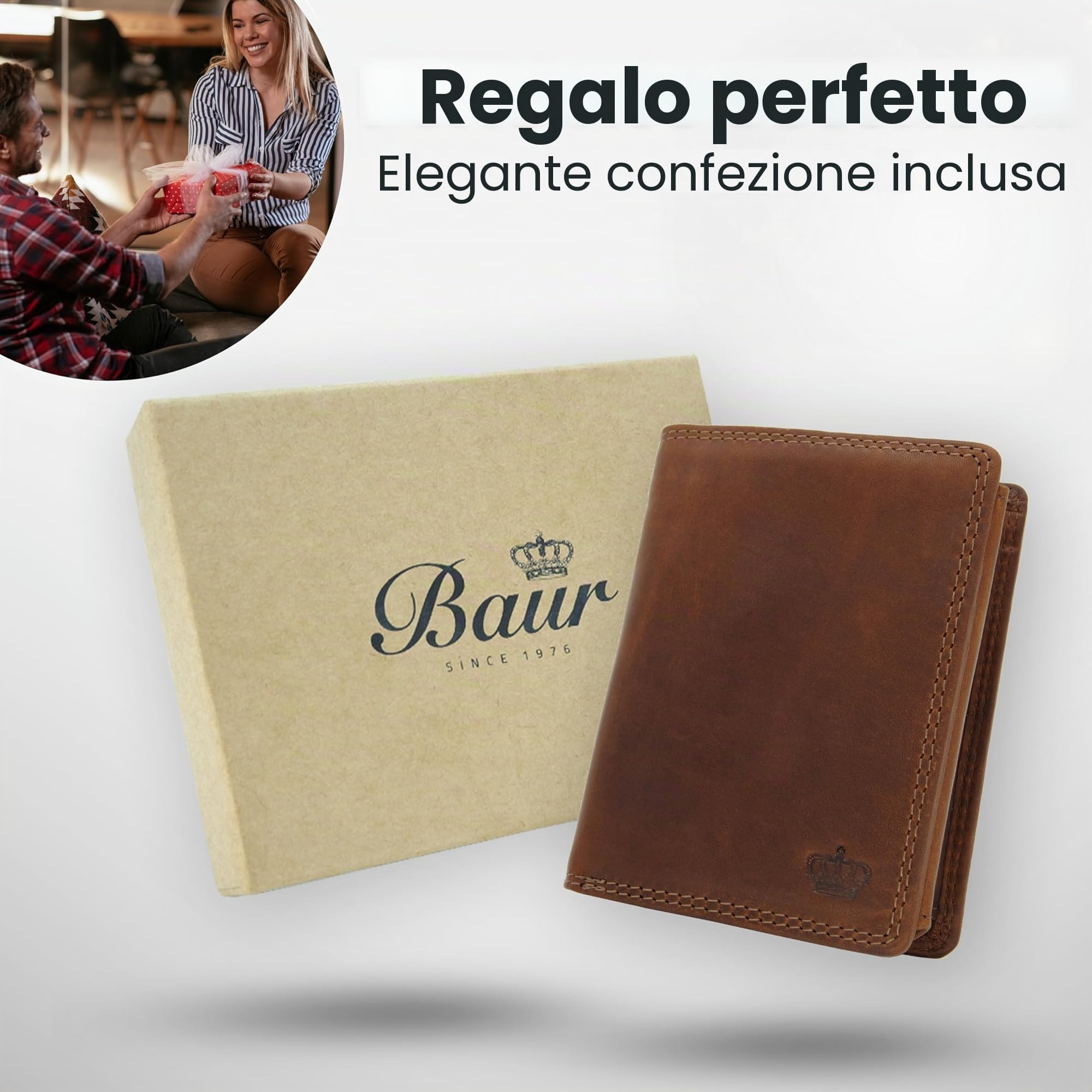 Baur portafoglio da uomo – vera pelle con protezione RFID – portafoglio grande verticale con 12 scomparti carte – ampio scomparto portamonete (Formato verticale con bottone interno, Marrone scuro)