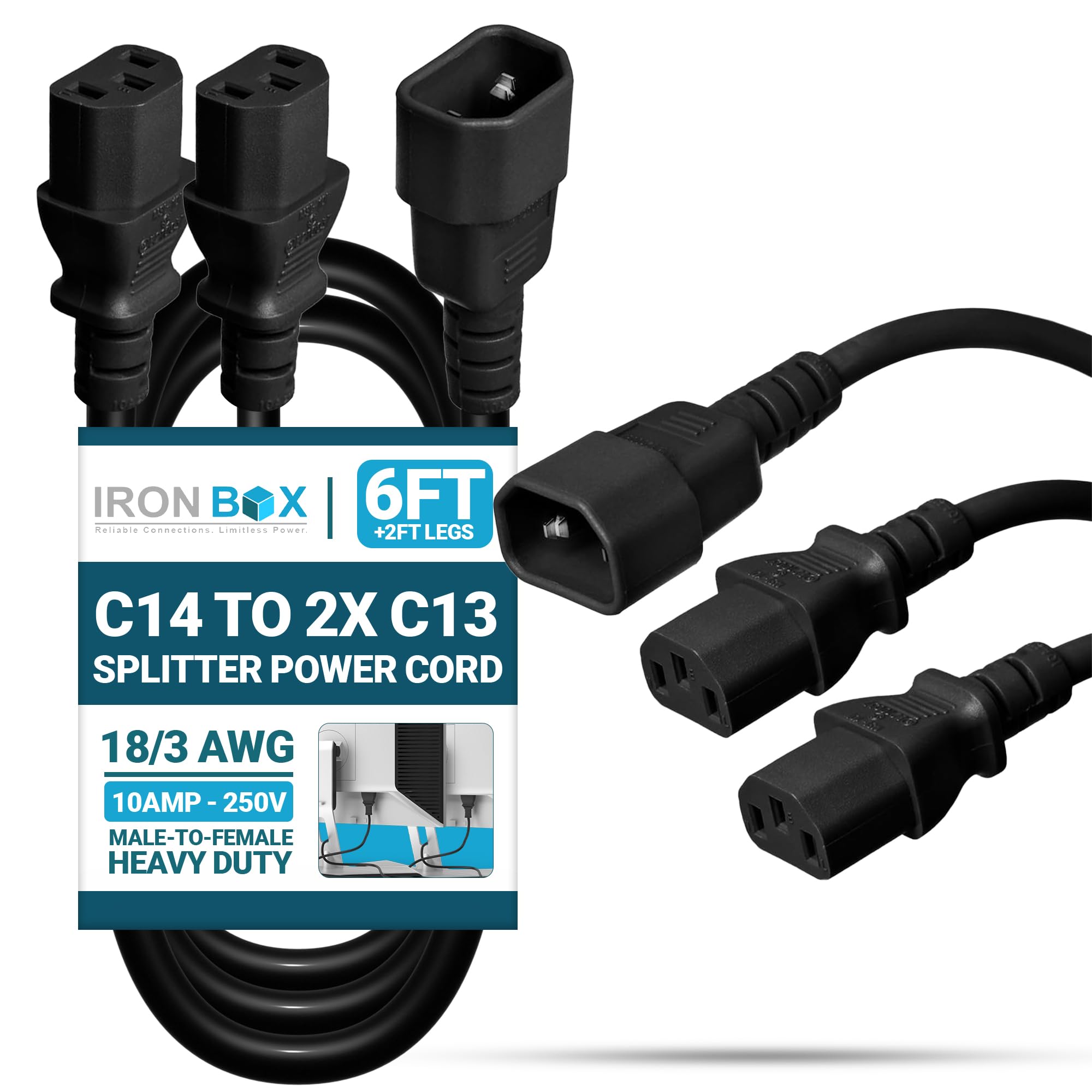 IronBox Electric IEC C14 to 2X C13 Splitter Power Cord - 10A, 250V, 18/3 AWG - UL Listed Power Extension Cable - Heavy Duty Adapter Cables for