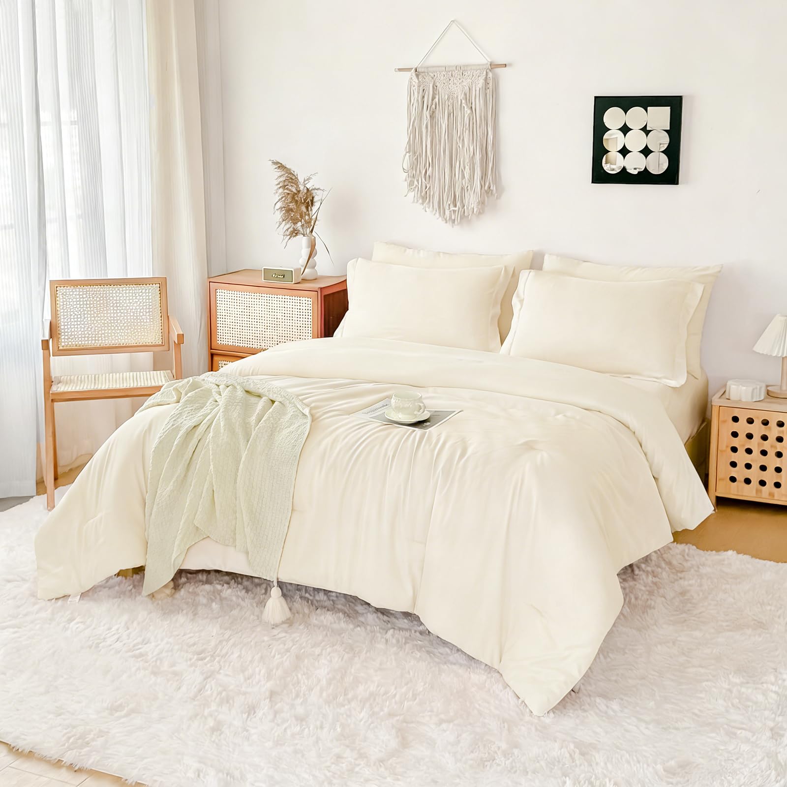 Photo 1 of **MISSING COMFORTER**FMLIUY Double Brushed Micorfiber King Comforter Set Cream- 7-Piece Bed in a Bag, All-Season Soft Bedding with Sheets & Envelope Pillowcases (102"x90",King)