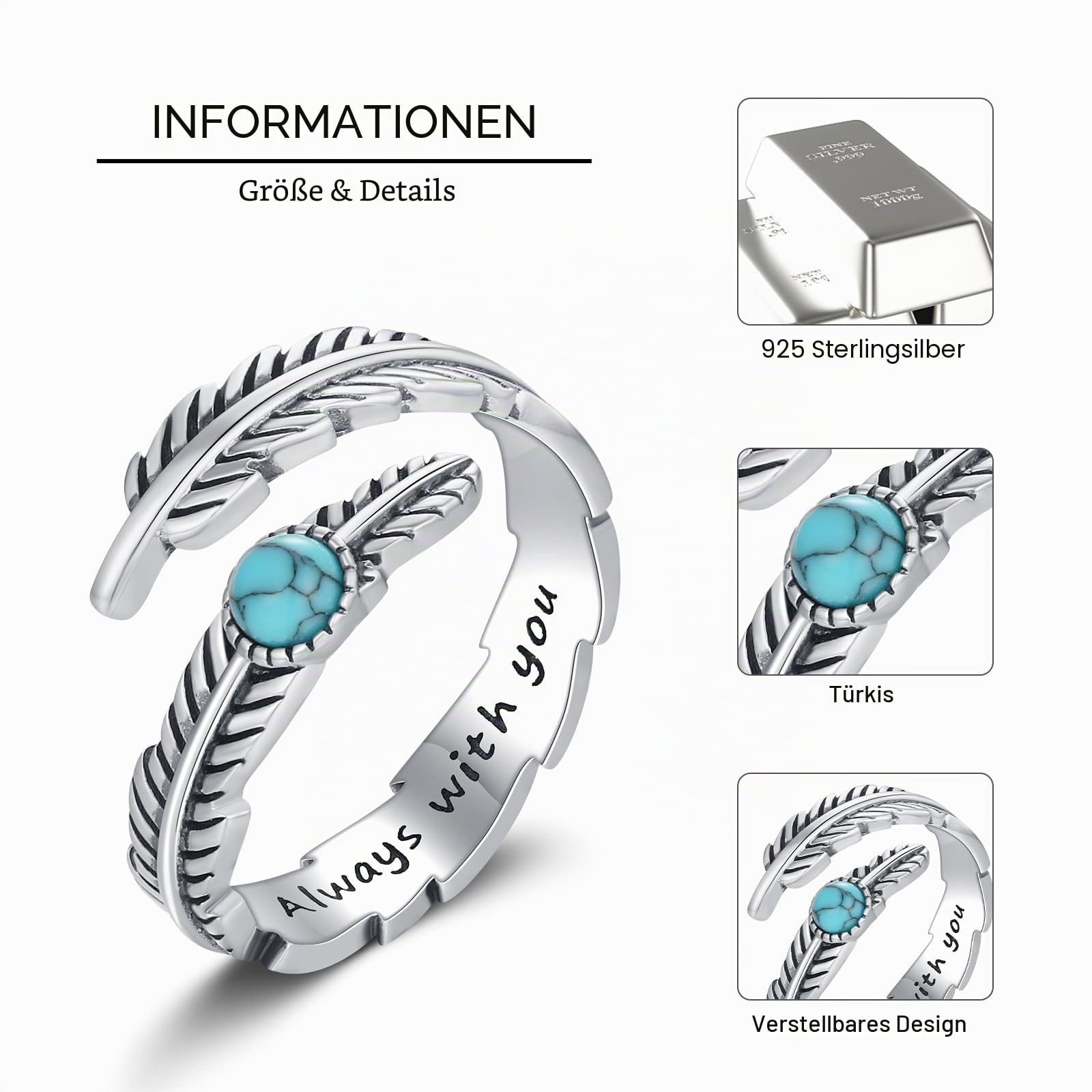 Türkis Ring 925er Sterlingsilber Feder Verstellbarer Ringe Western Daumen Ringe Vintage Schmuck Geschenke für Frauen