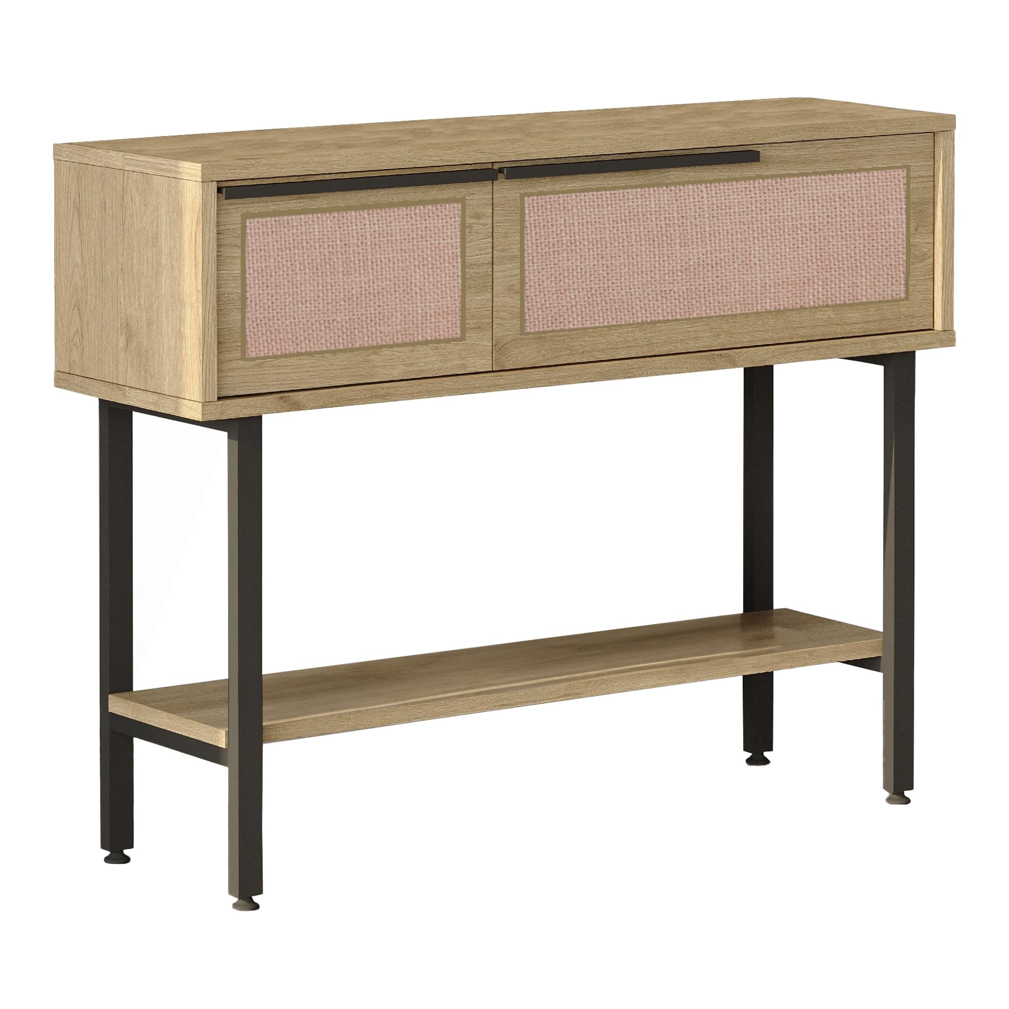 [en.casa] Mueble Recibidor Kvænangen con 2 Puertas Abatibles Consola Mesa de Entrada con 2 Compartimentos Cerrados y 1 Estante Aglomerado Metal 100x30x76 cm - Efecto Roble y Ratán
