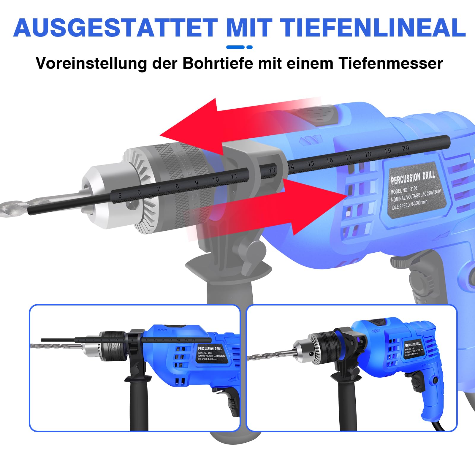 Trapano, 850 W, trapano a percussione 3000 giri/min, martello e trapano 2 in 1, impugnatura supplementare regolabile a 360 gradi, foratura precisa in legno, cemento e acciaio