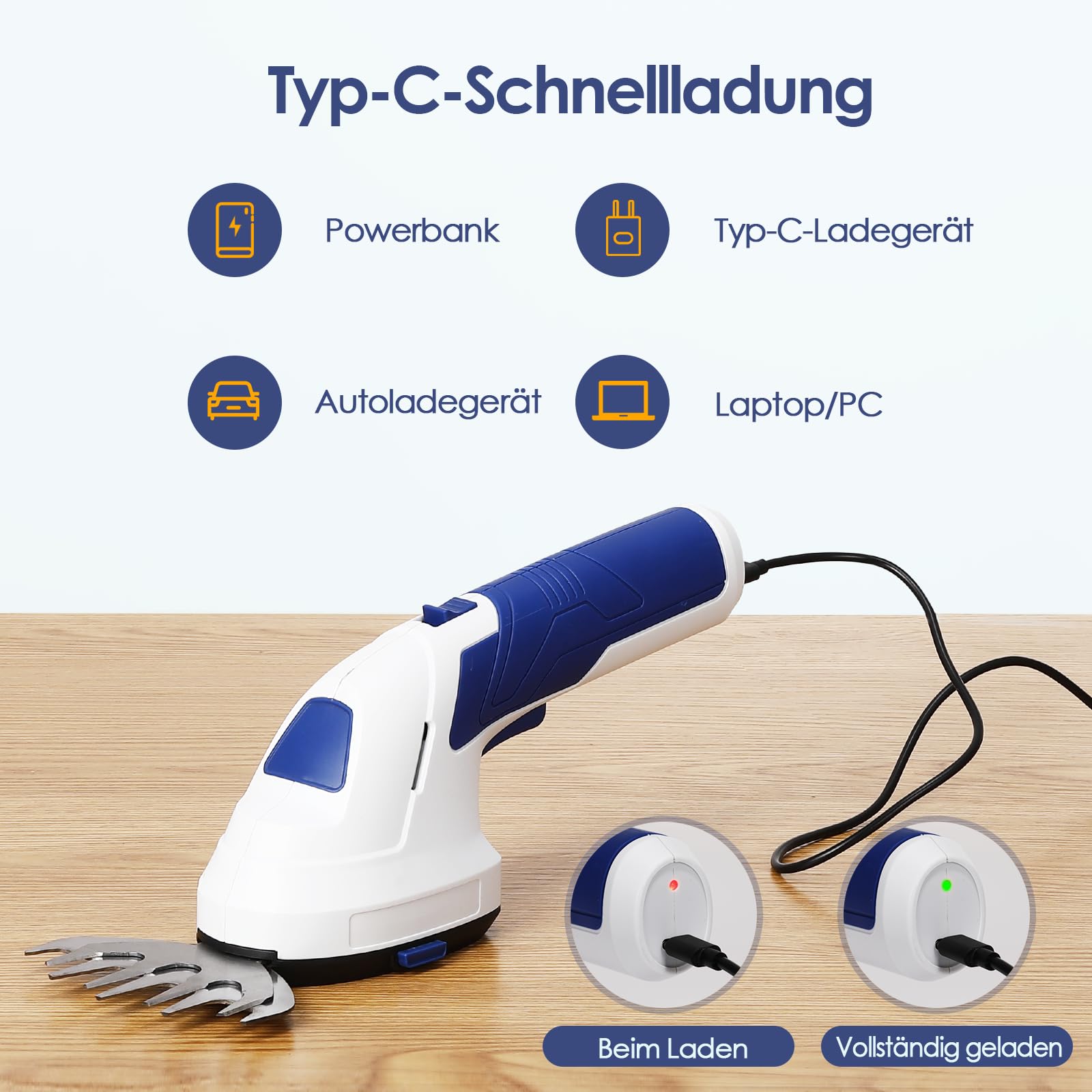 Geevorks Gartenschere Akku 7,2V Grün, Handliche Grasschere Mit 2 Messern, 2.000mAh Akku,2 in 1 Heckenschere, Schnittbreite 12cm, Schnittlänge 20cm
