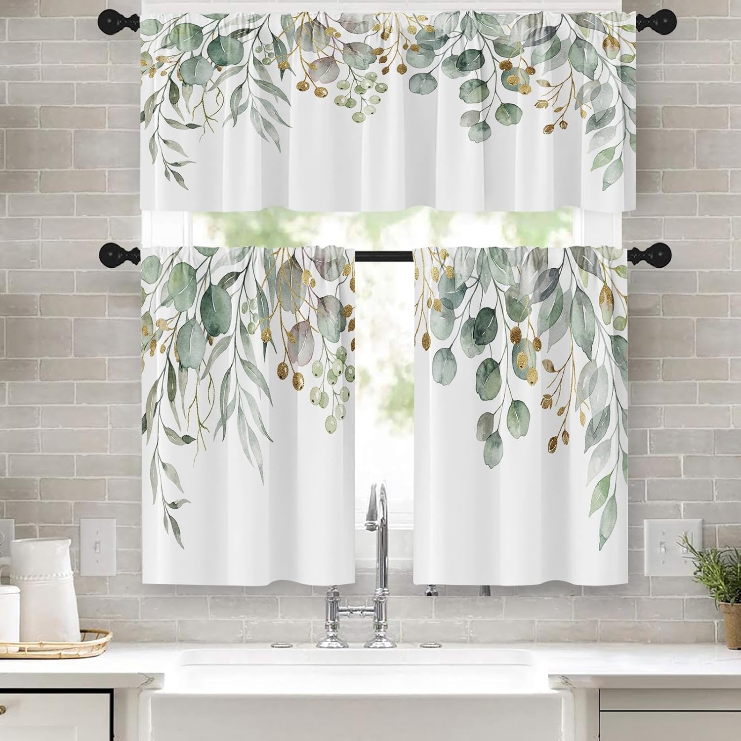 Emvency Eucalyptus Kitchen Window Curtains Valance and Tier Set 36 Inch, Rustic Botanical Sage Green Leaf 3 Piece Window Treatment Tiers Kitchen Decor Country White Wooden Wood Plank Rod Pocket Drapes
