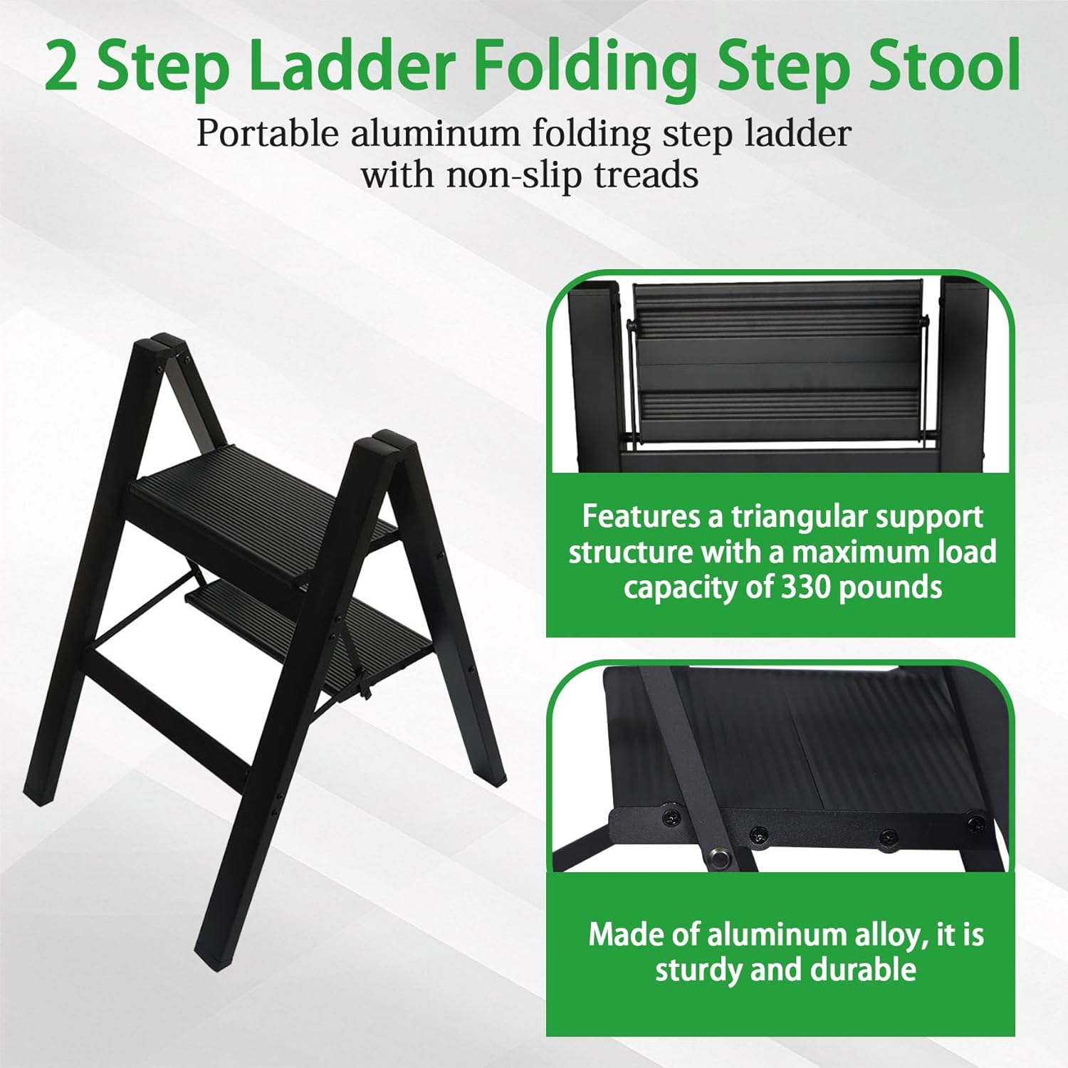YSMN 2 Step Ladder Folding Step Stool with Anti-Slip Pedal Aluminum Portable Kitchen Ladder Suitable for Household Office 330LBS Capacity