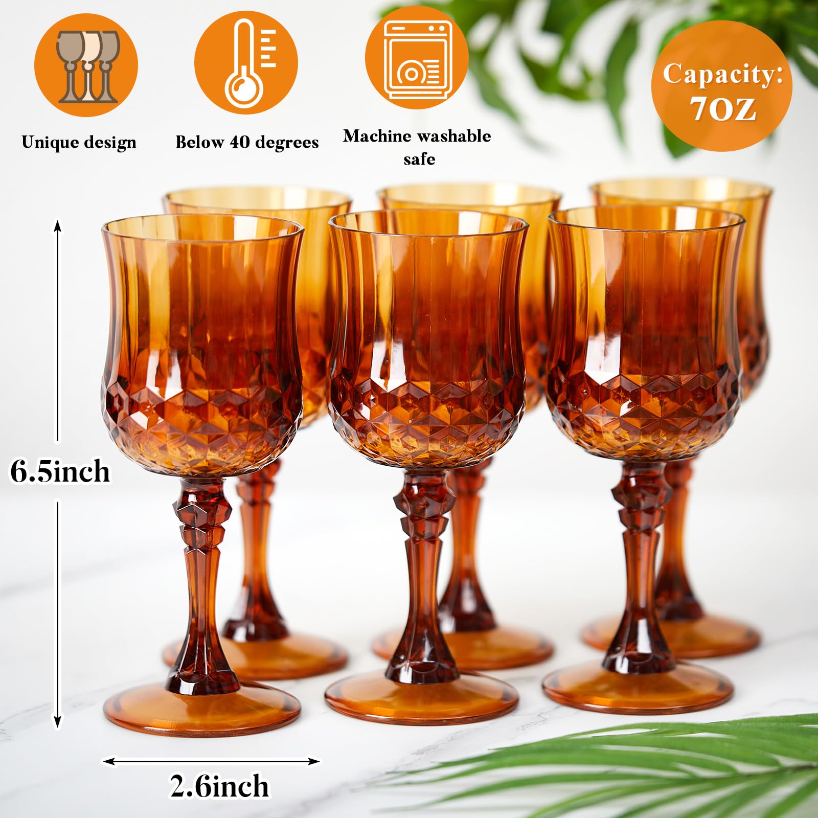 Pinkunn 6 Pcs 7 oz Plastic Wine Glass Drinking Goblets, Amber