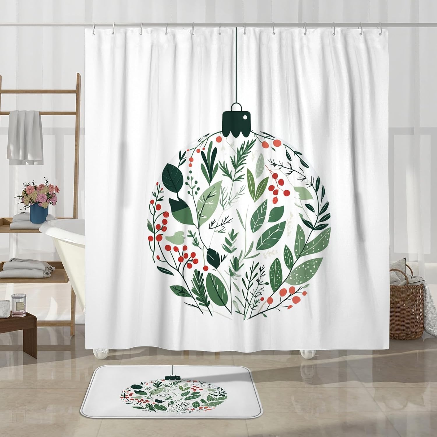 4PCS Modern Merry Christmas Balls Bathroom Sets, Bath with Non-Slip Rug, U Shape Toilet Lid Cover Mat, Fun Happy Xmas Bathroom Decor-72''x72''