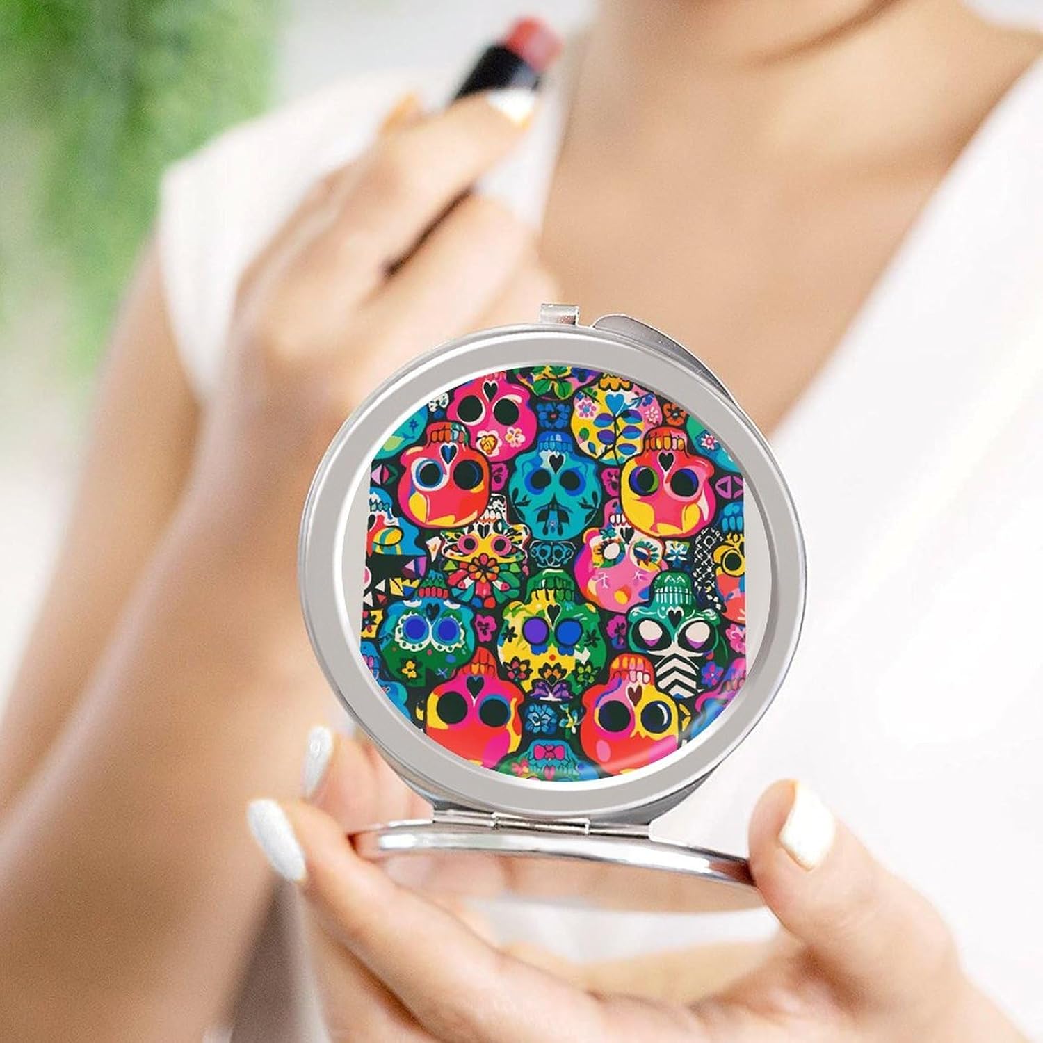 Colorful Skulls Print Makeup Mirror Lightweight Compact Mirror Portable Folding Travel Mirror 2-Sided Round Handheld Beauty Mirrors Mini Pocket Mirrors for Gift image 4