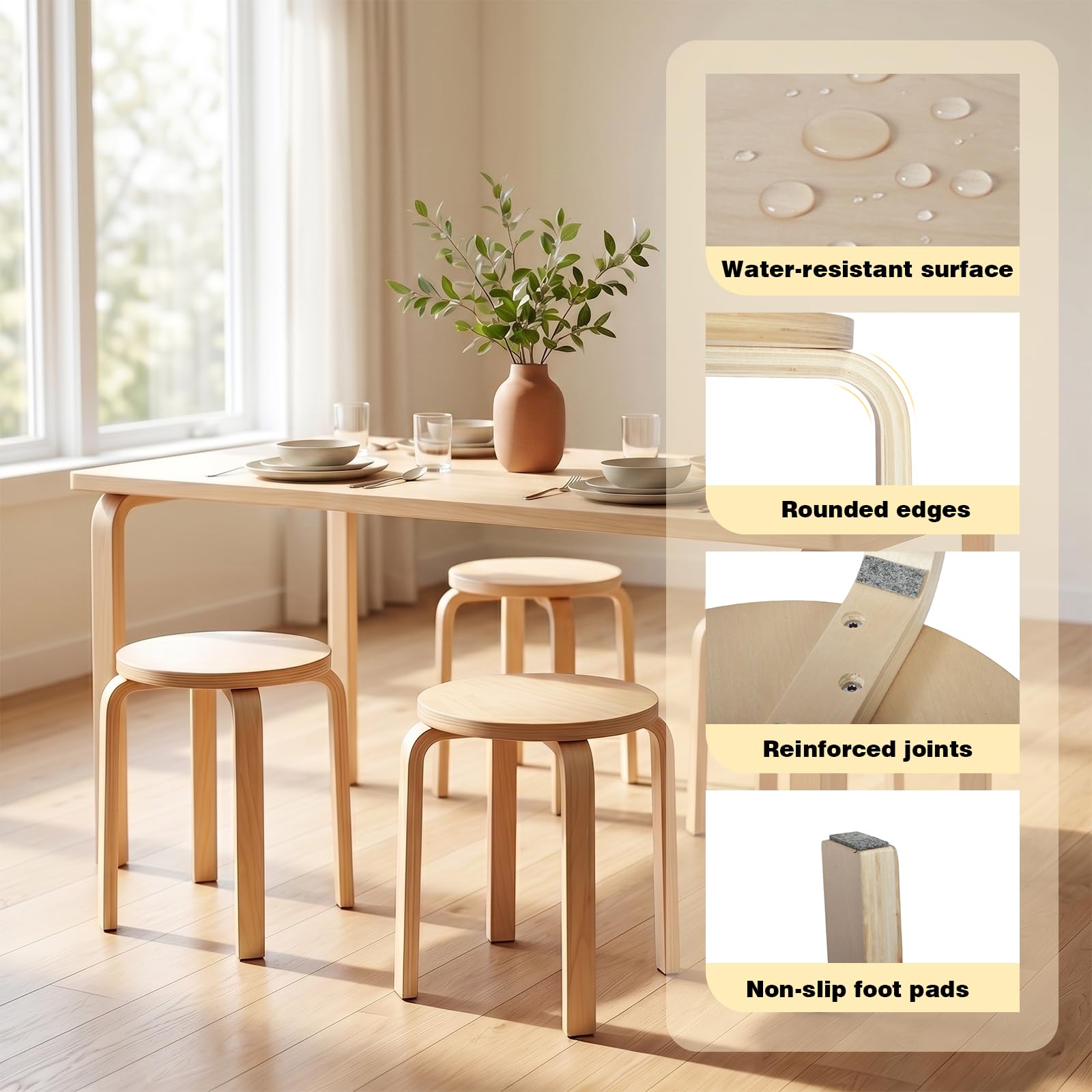Ensemble de 4 Tabourets Empilables, Chaise de Cuisine et Salle à Manger, Tabourets Ronds sans Dossier pour Chambre à Coucher, Salon, entrée, 35x32x32cm, Naturel