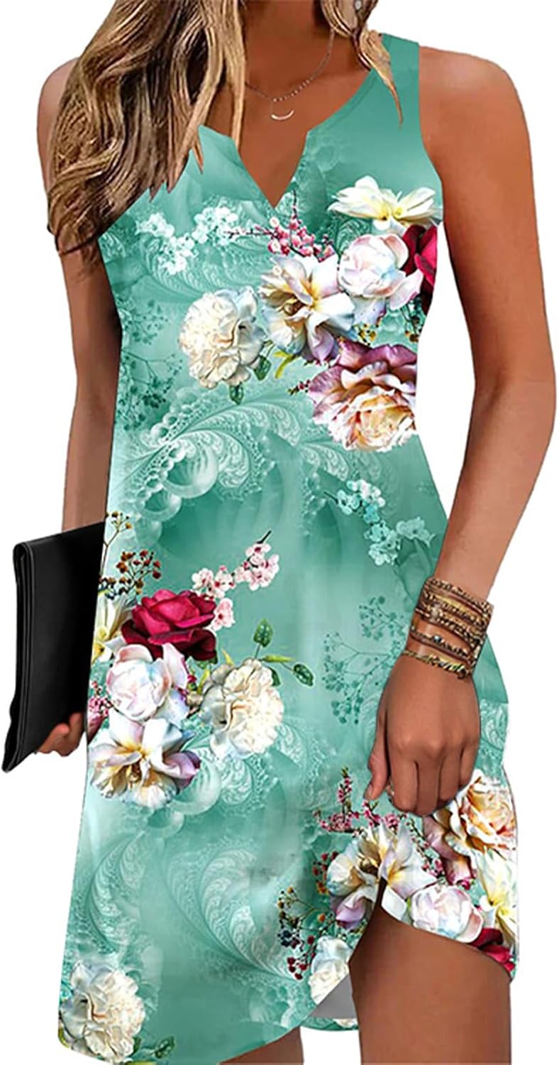 Disamer Beach Dresses for Women 2024 Vacation Summer Dress Boho Floral Sundresses Casual Beach Button Down V Neck Sleeveless Tshirt Dress, Small, Flower7