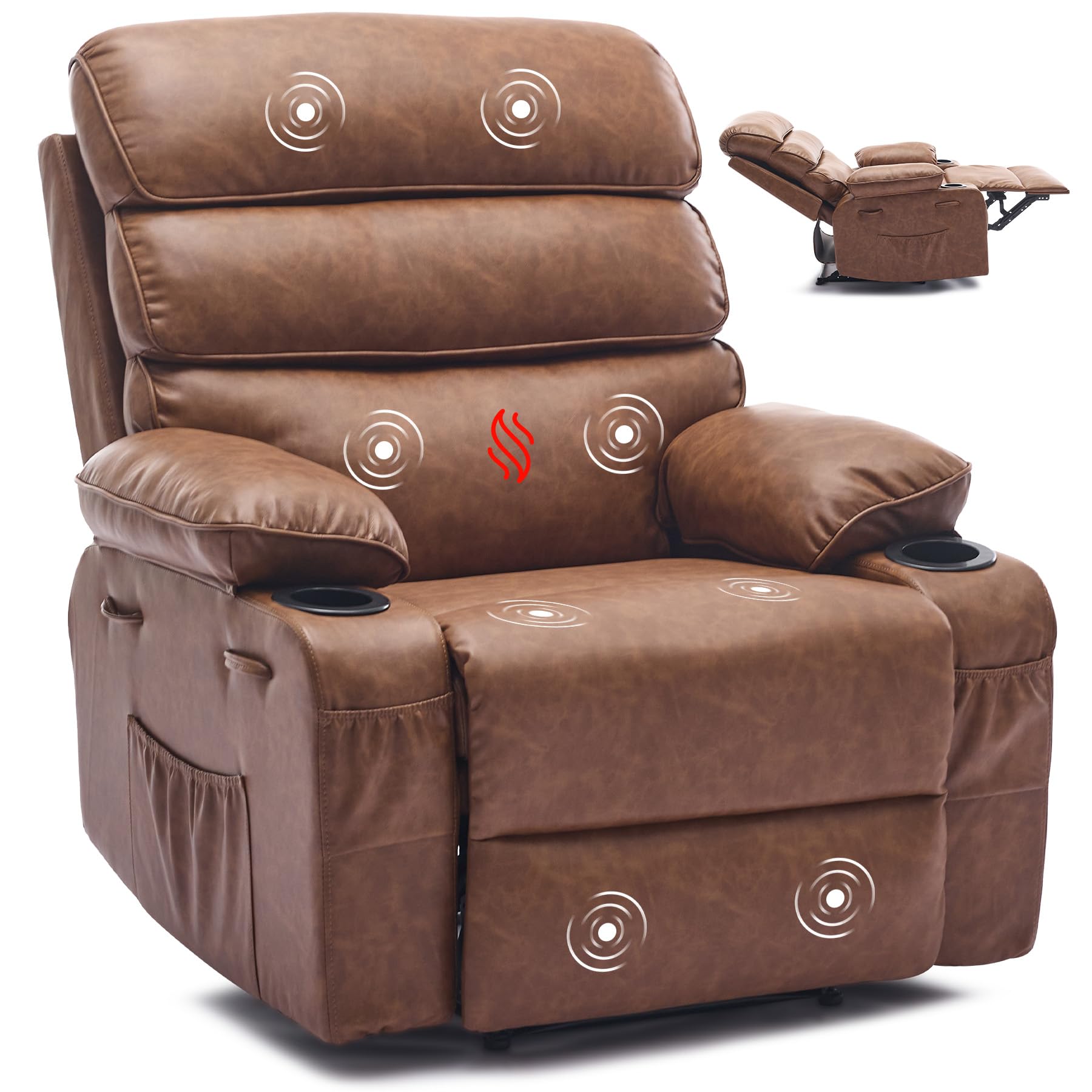 PU Leather Extra Wide Manual Recliner Chair for Adults with Massage &amp; Heat, Oversized Lazy Recliner with 1.5X Thick Sponge Comfort for Living Room Bedroom,Brown