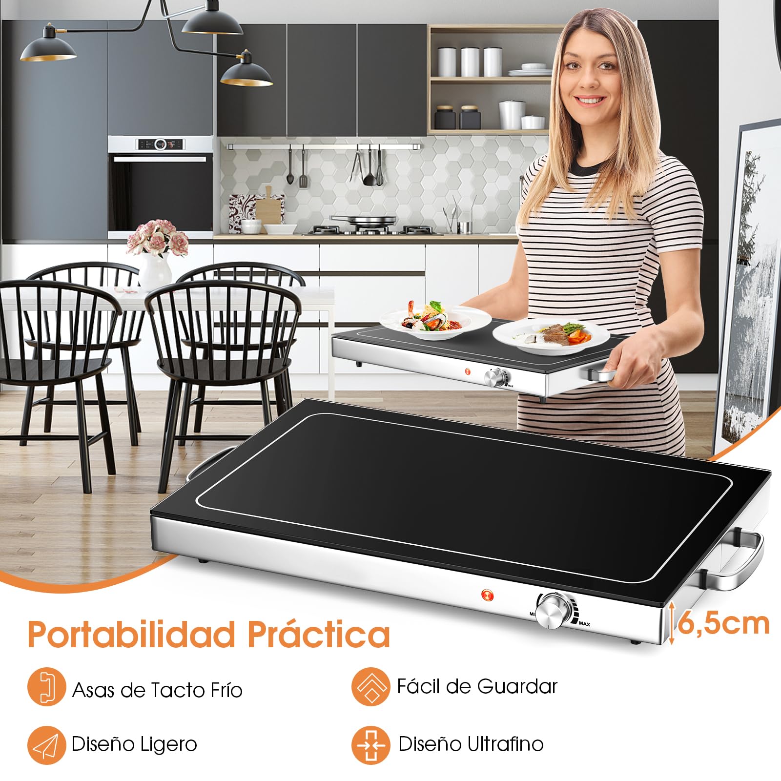GOPLUS Bandeja de Calentamiento para Comida, Bandeja Eléctrica Calentadora con Control de Temperatura Ajustable, Superficie de Vidrio Templado Resistente al Calor, Bandeja Calentadora