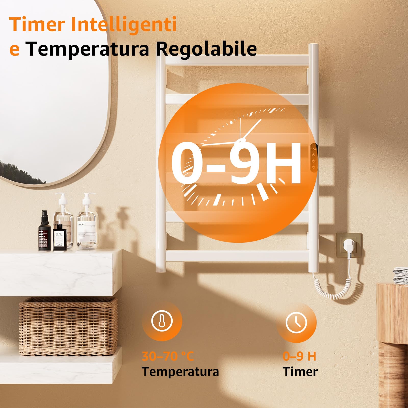 Scaldasalviette Elettrico Bagno, 700 x 500mm 175W Termoarredo Elettrico Bagno con LED Touch Screen, 0-9h Timer e 30-70℃ Temperatura, IPX4 Termoarredo Elettrico da Parete, Bianco