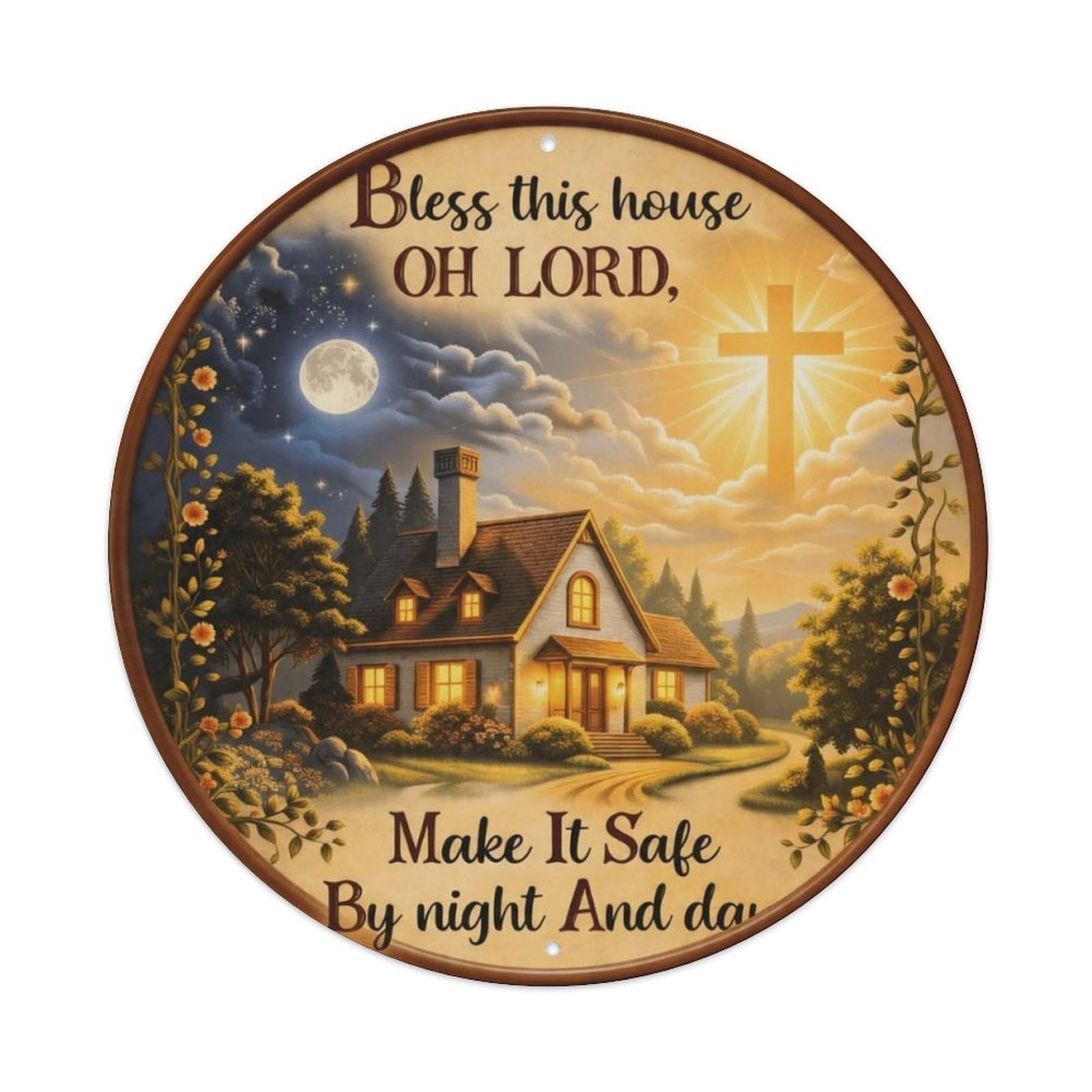 Christian Bless This House Cross Country House Round Wall Sign Vintage Aluminium Metal Sign, Retro Wall Decor for Home, Bar, Garage & Farmhouse 20x20cm