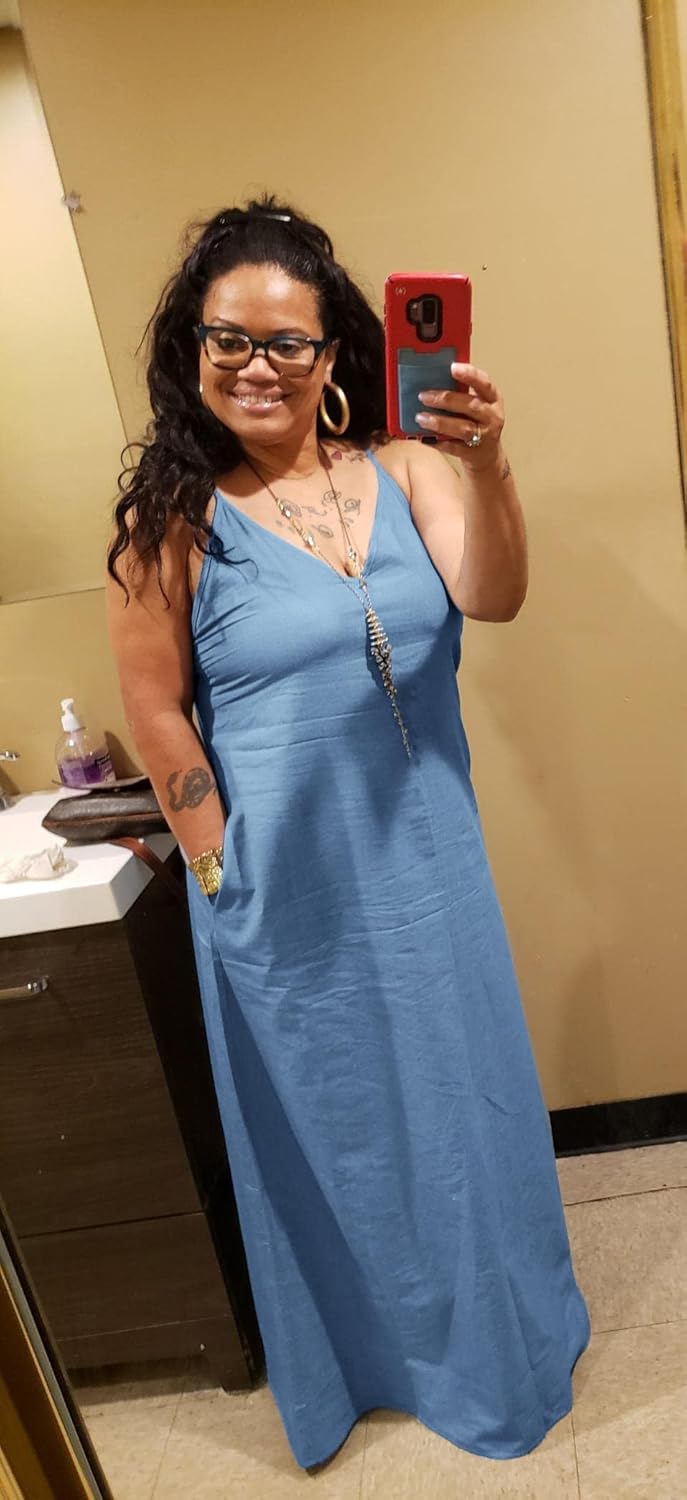 Chuanqi Womens Summer Spaghetti Strap Dresses Casual Denim Deep V Neck Loose Maxi Dress - Image 5