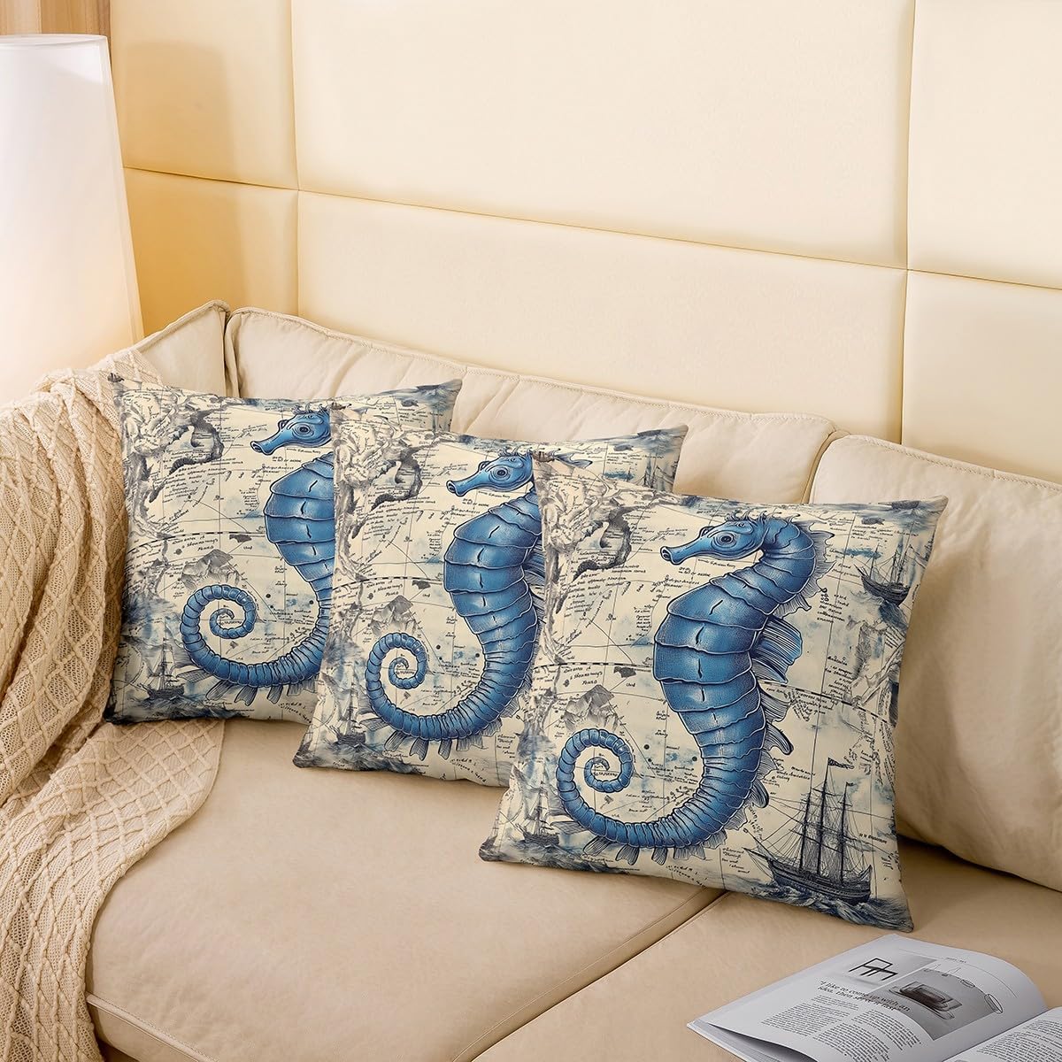 jejeloiu Nautical Sailboat Decorative Throw Pillowcases 16"x16" Set of 4 Soft Seahorse Compass Anchor Throw Pillow Covers Vintage Retro Pillow Cases Cushion Covers Cushion Cases