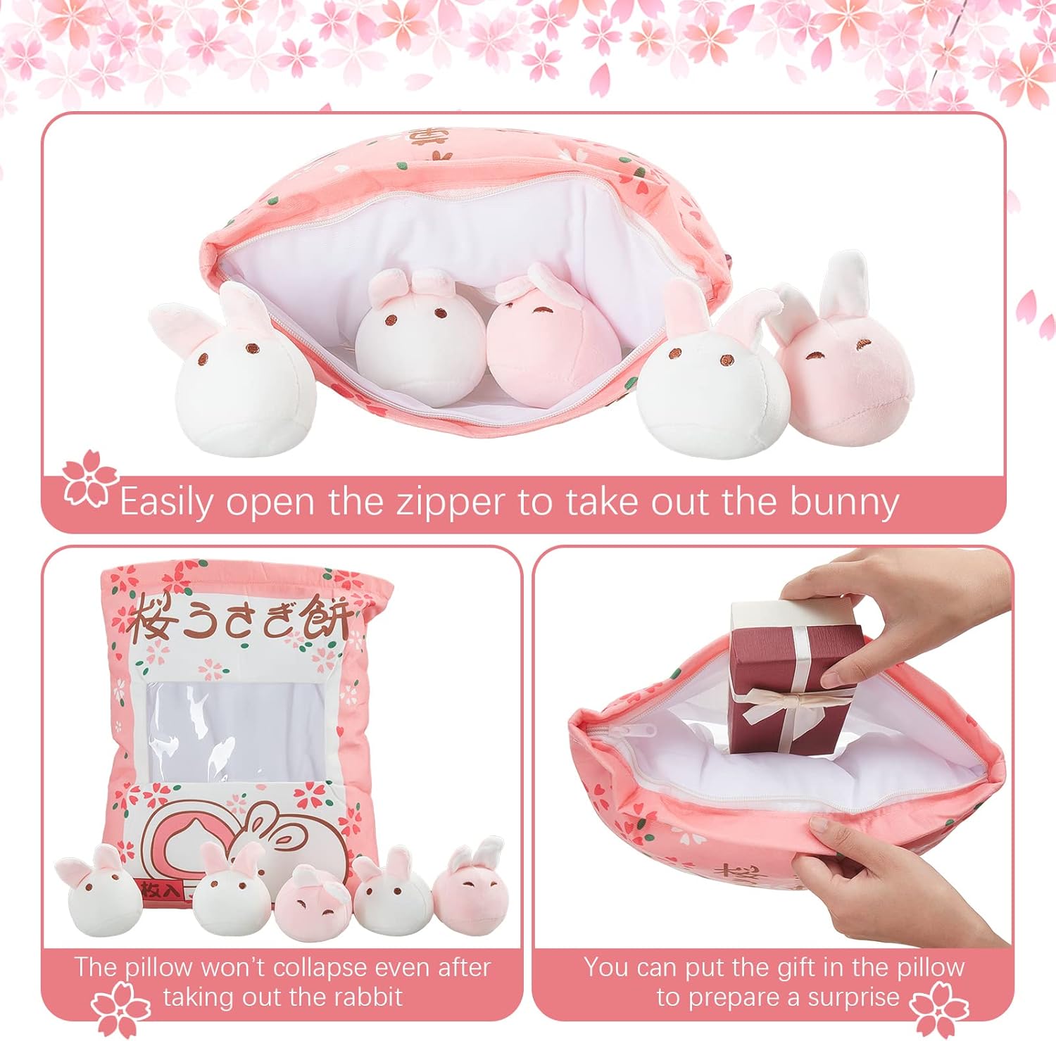 Civaner Kawaii Bunny Plush Pillow Cute Room Decor Cherry Blossom Throw Pillow Pink Removable Stuffed Animal Fluffy for Easter Home Birthday Spring Sakura Gifts Bag