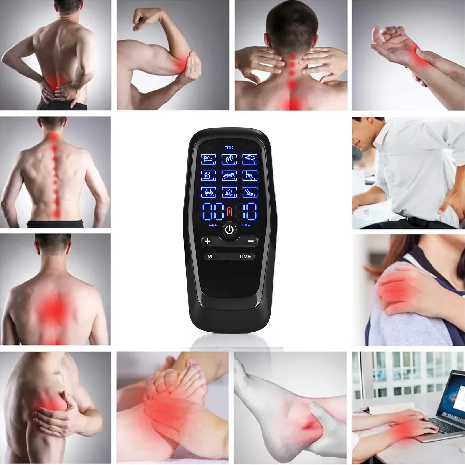 Electrostimulateur Musculaire, TENS/EMS/Massage Electrostimulateur, 2 Canaux avec 9 Modes de Massage et 30 Vitesses Réglables,Muscle Stimulator avec 12 Patchs, Appareil Portable Thérapie Anti-Douleur