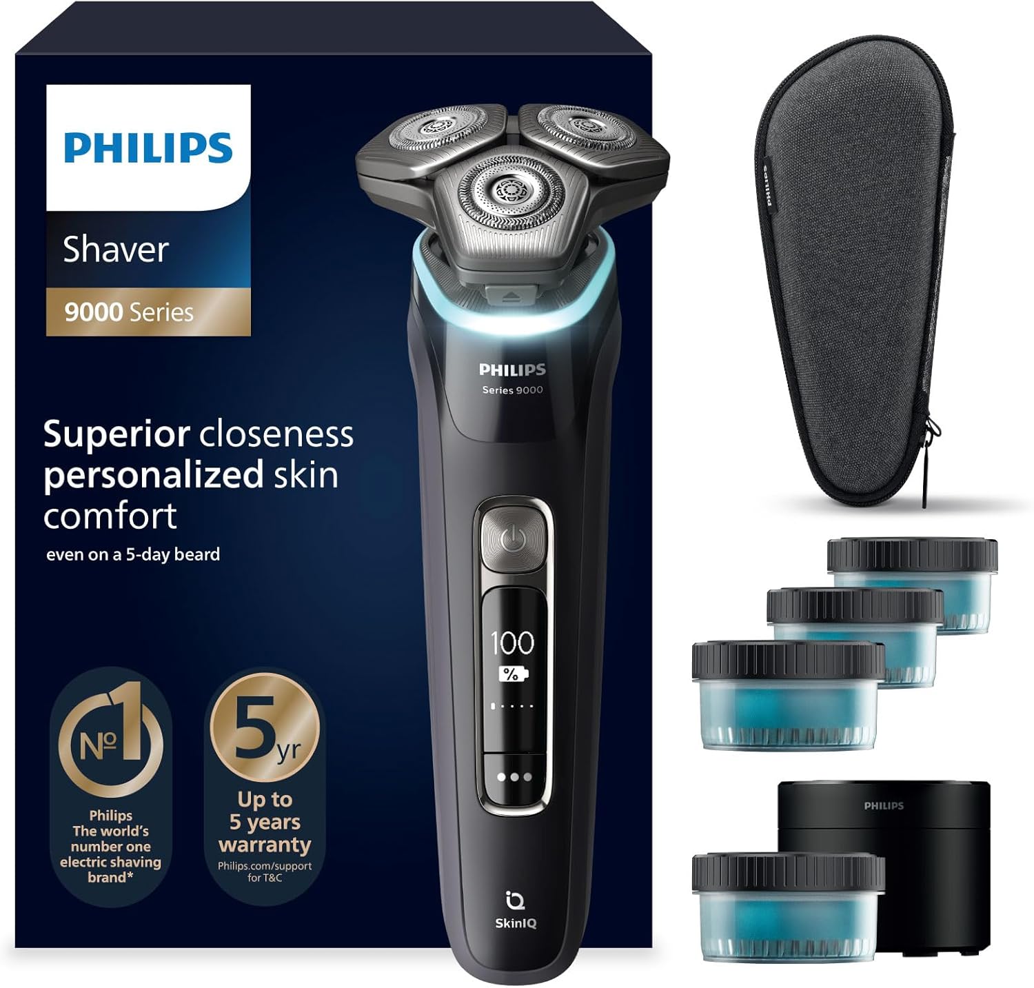Philips Serie 9000 Afeitadora El&eacute;ctrica Hombre, M&aacute;quina de Afeitar Barba con Recortadora, 60min de uso, En Seco y H&uacute;medo, Recargable, Centro de Limpieza, Base Carga, 4 Cartuchos, S9976/63, Negro