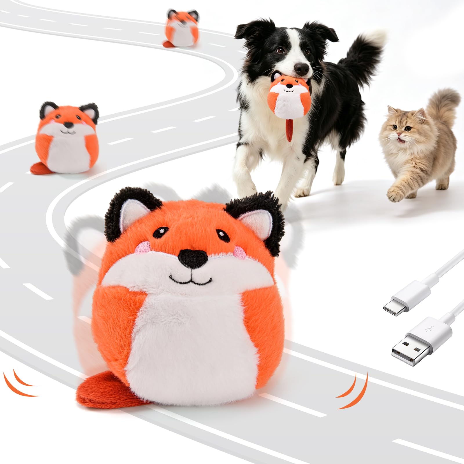 AUSCAT Interactive Moving Puppy/Cats Toys,Plush Bouncing Ball, Music & Recording | Rechargeable Self-Play Toys for Indoor Cats and Small Dogs to Keep Them Busy (Fox)
