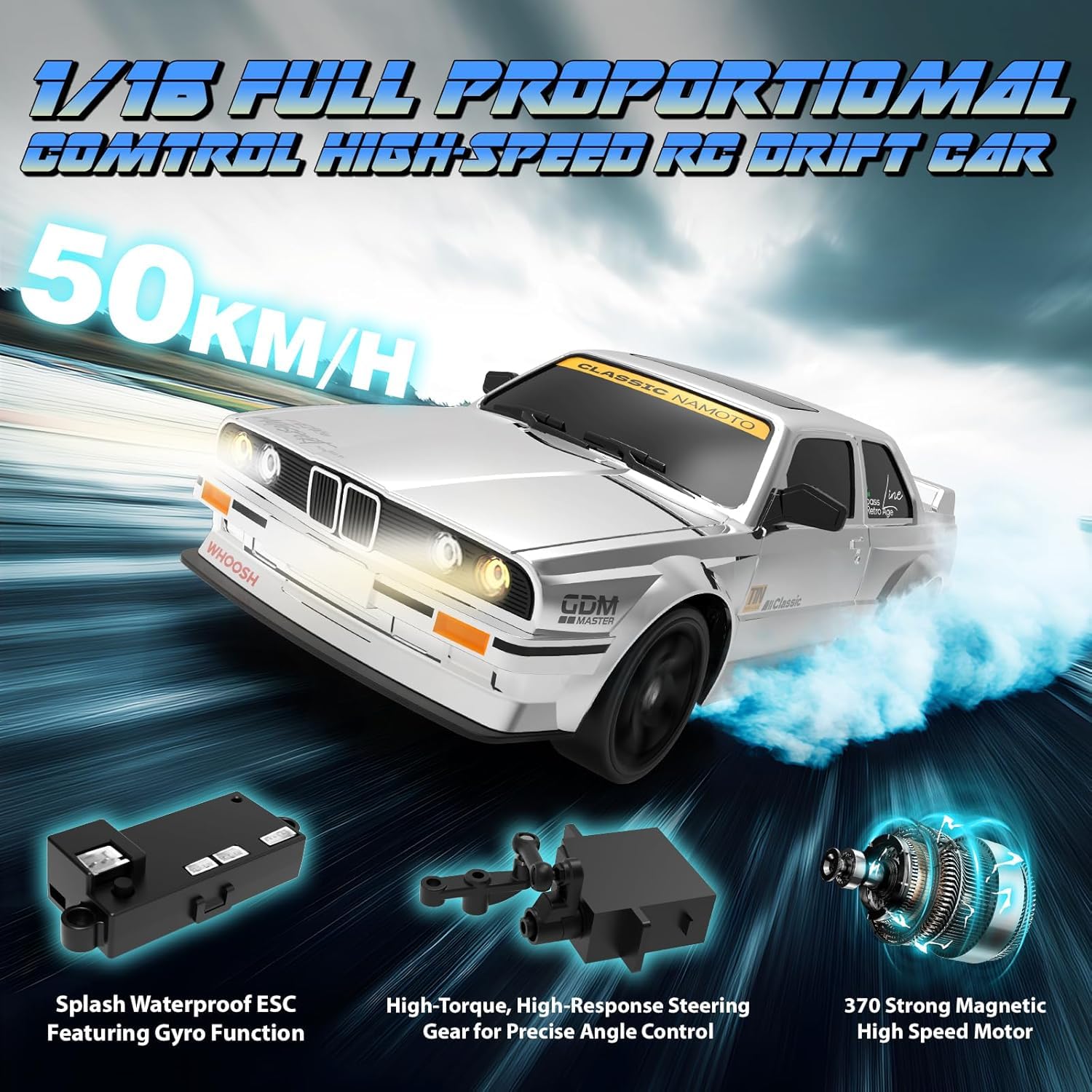 Cojuz 1/16 Fast RC Drift Car for Adults | 50KM/H High Speed 4WD with ESP Gyro, LED Light, Two Rechargeable Batteries | Full Proportional RTR Racing Gift for Boys Girls 4