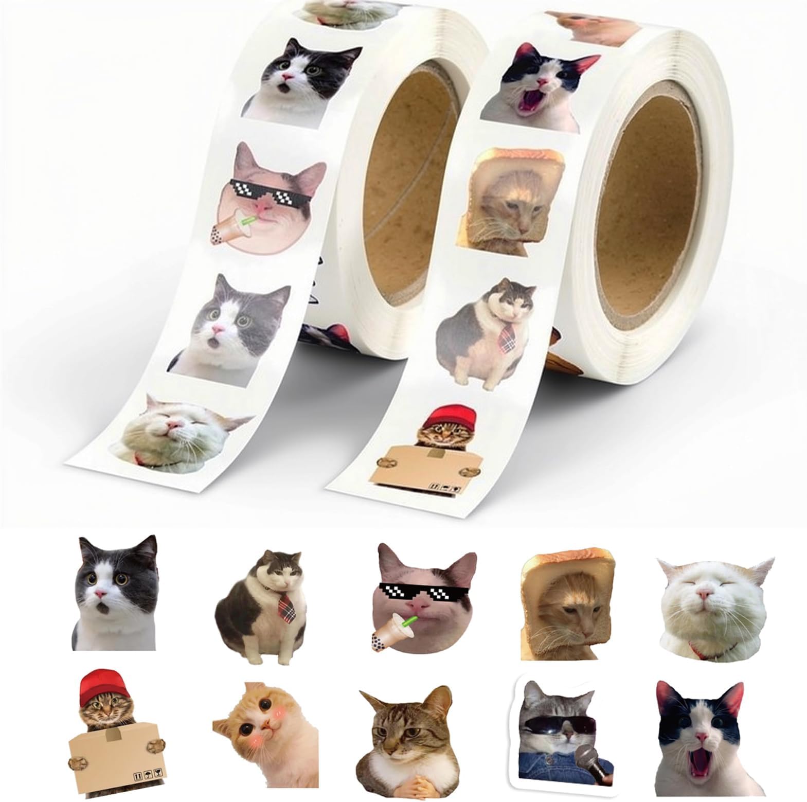 1000 Pieces Cat Meme Sticker Roll 10 Patterns Funny Kitty Decals Cute Animal Decorations Vinyl Waterproof Labels Adorable Decals