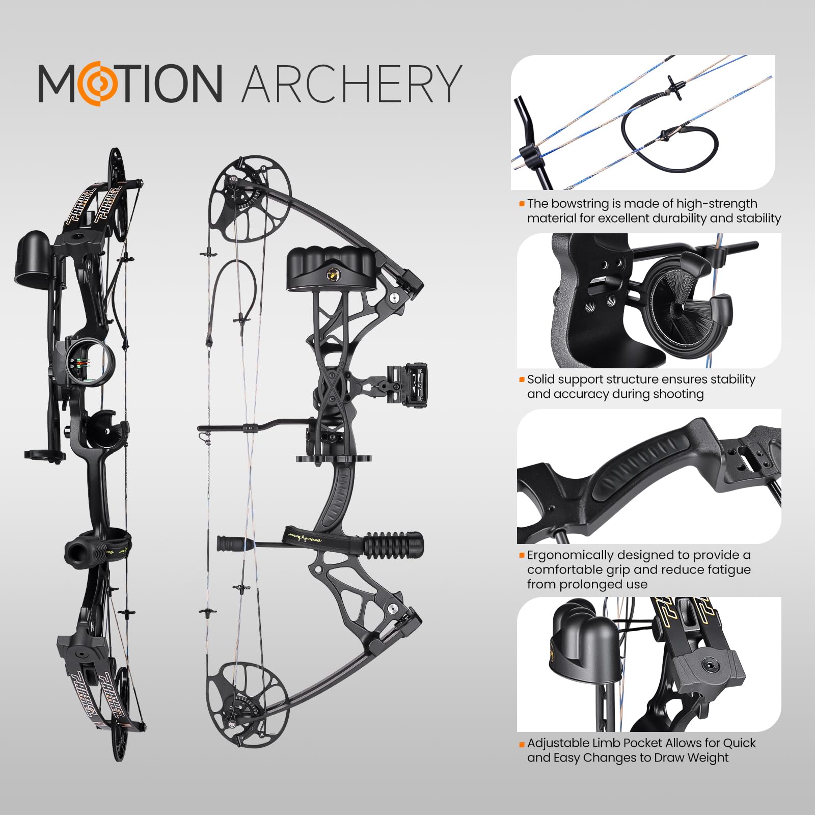 MOTION ZEUS Lightweight Compound Bow Package Fully Adjustable for Adults and Teens,23.5"-31" Draw Length,0-70LBS Draw Weight,Up to 320 FPS,Limbs Made in USA,Hunting Bow Archery Set