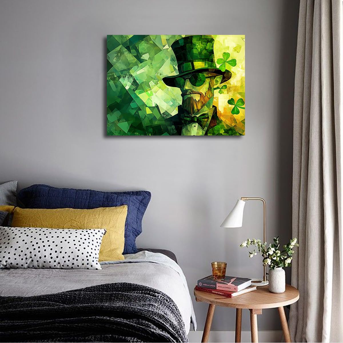 TOANGWALL St. Patrick's Day obraz na płótnie geometryczny człowiek zielony cylinder okulary przeciwsłoneczne abstrakcyjny styl mozaika liście malarstwo ścienne wydruki do dekoracji biura 85 x 100 cm