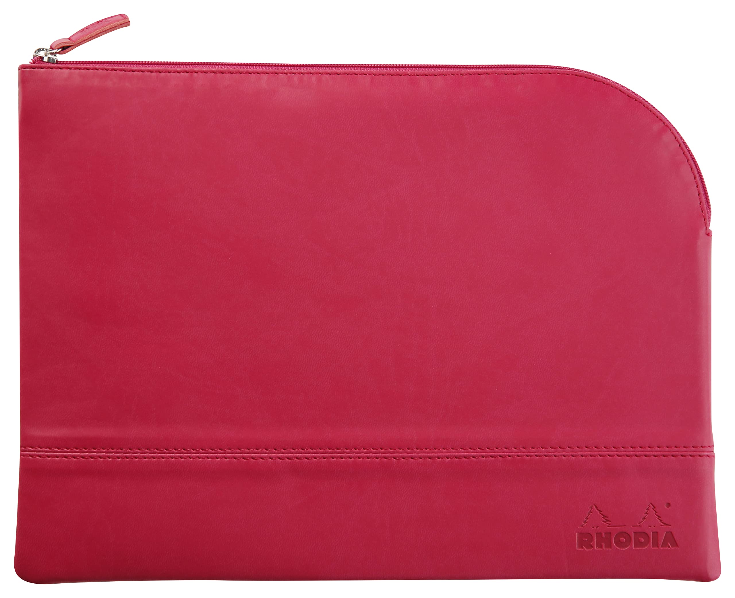 RHODIA 116743C - Faux Leather Zippered Pouch - Raspberry - Size L (21 x 28 cm) Genuine stitching - Orange Fabric Inside - Storage for Documents, Small Supplies