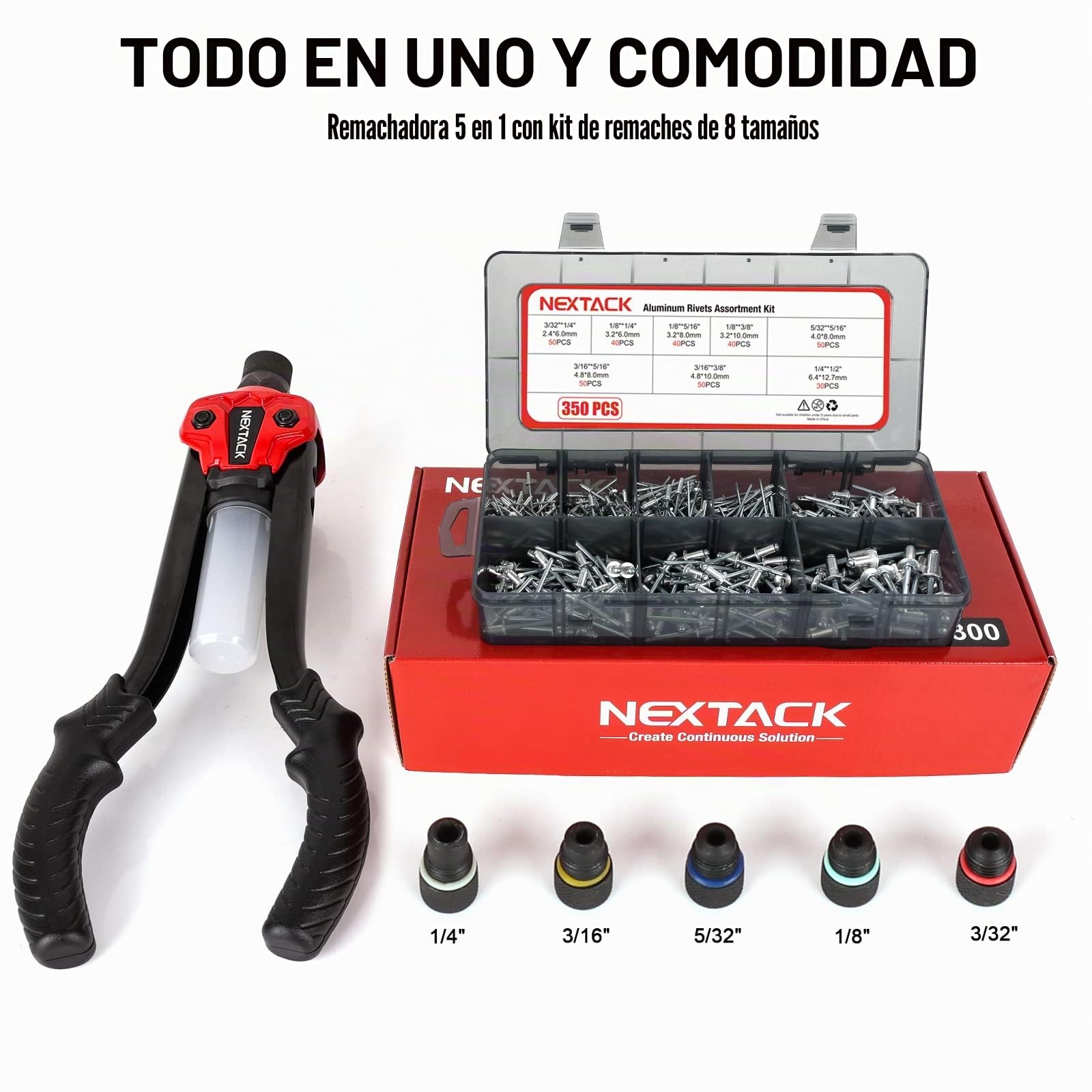 NEXTACK Pistola de Remache Pop de 13 Pulgadas con Kit de 350 Remaches Surtidos, Herramienta Remachadora Manual Resistente de 1/4 Pulgadas de Capacidad con contenedor Desmontable y 5 boquillas para