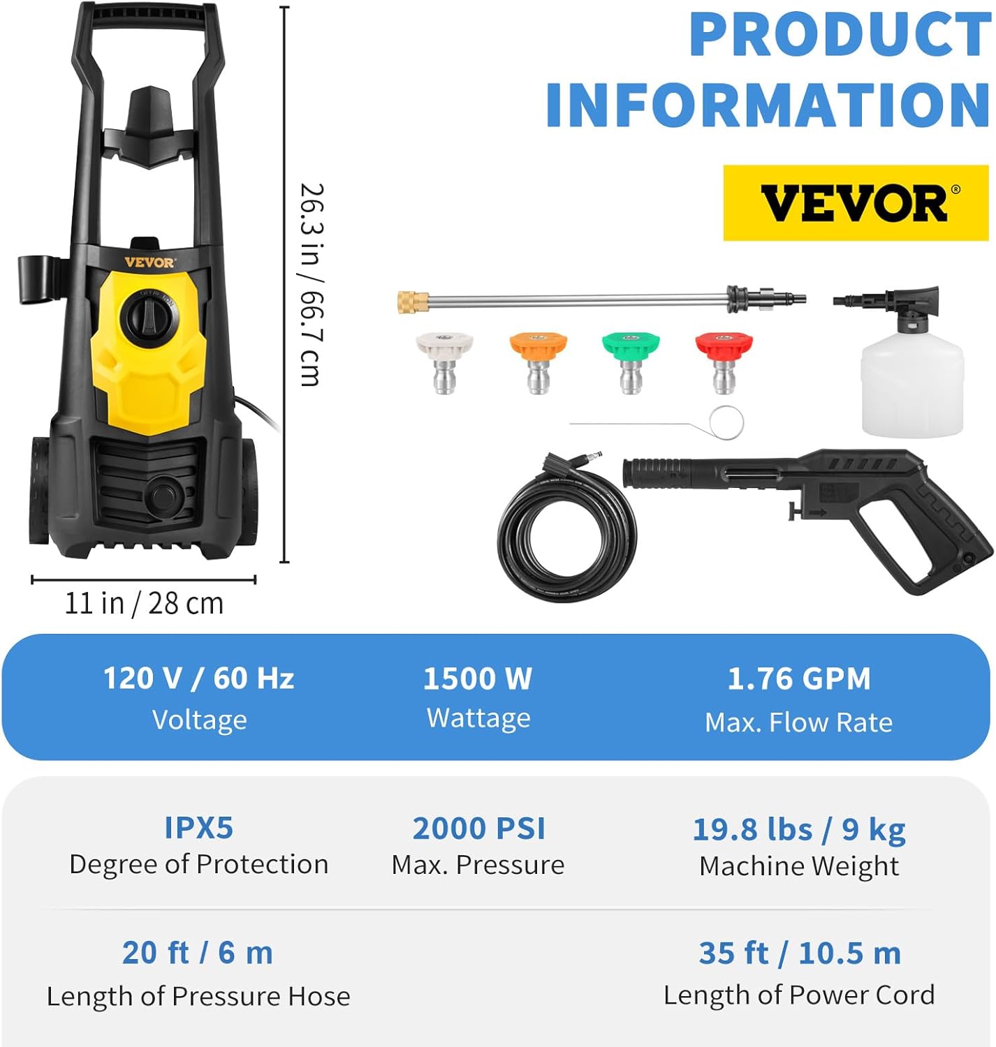 VEVOR Electric Pressure Washer, 2000 PSI 1.76 GPM, Portable Cleaner with 30ft Hose, Foam Cannon & 5 Nozzles for Cars, Patios, Fences - ETL Listed