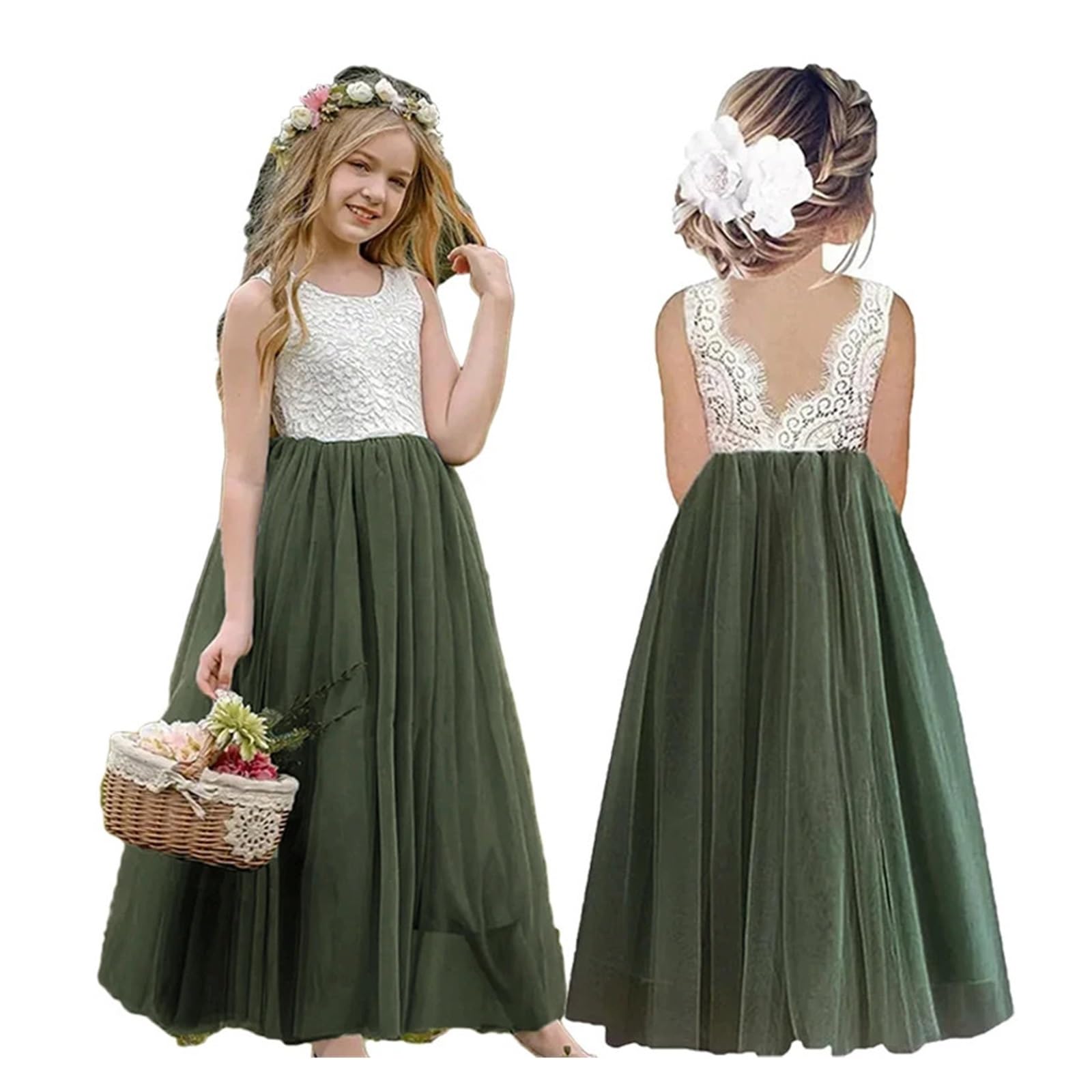 Vestido De Fiesta para NiñA Vestidos de Encaje for niñas de Flores, for Verano, for Princesas, Fiestas, Bodas y cumpleaños(White,11-12)